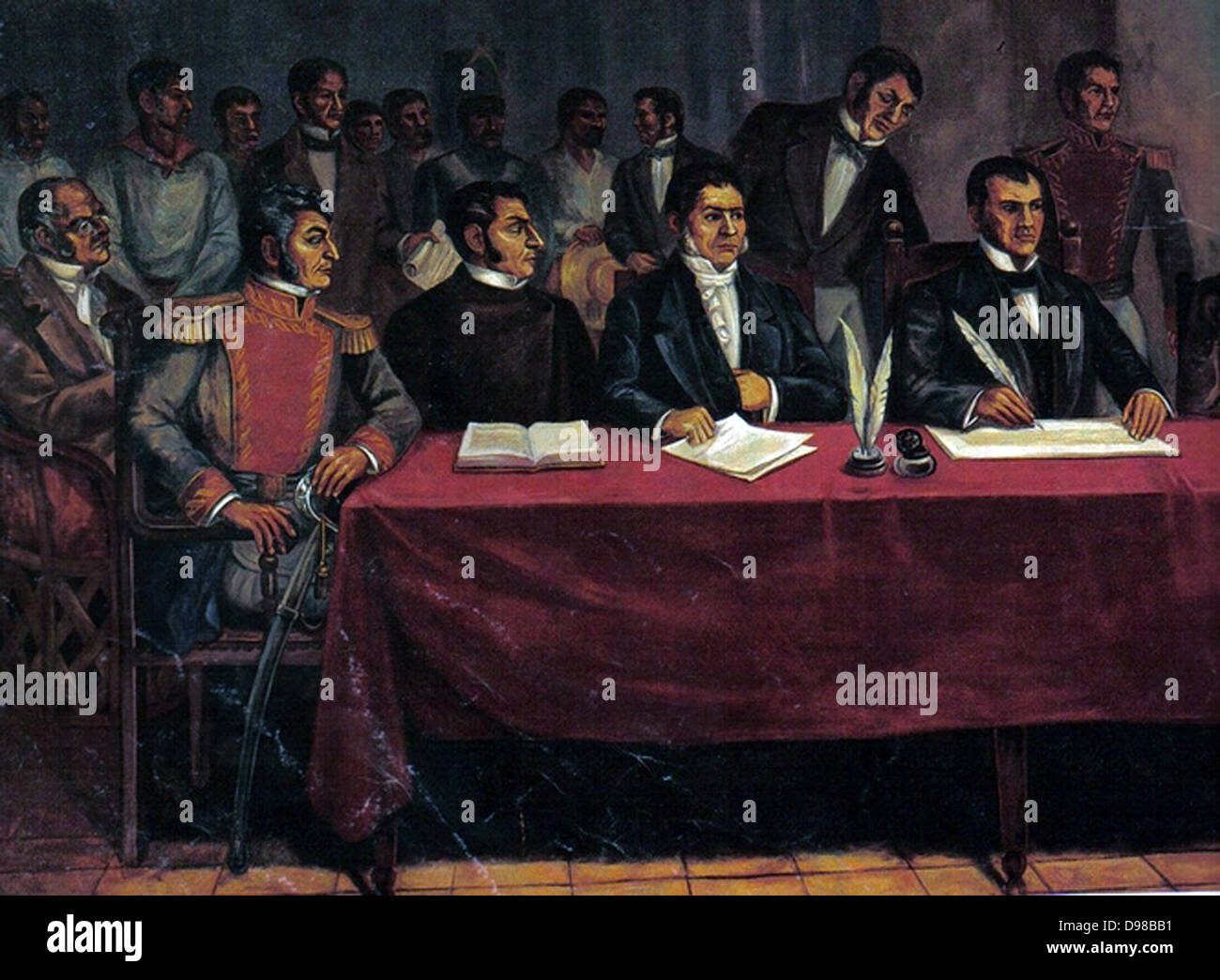 Mexican War of Independence (from Spain) 1810-1820: Congress of Chilpancingo, 1813, called by Jose Maria Teclo Morelos y Pavon (1765-1815), right, Mexican Roman Catholic Priest who became leader of the revolutionaries after the exection of Miguel Hidalgo. The Congress endorsed Mexico's declaration of independence and on 6 November signed the first legal document of separation from Spain is proclaimed. Stock Photo
