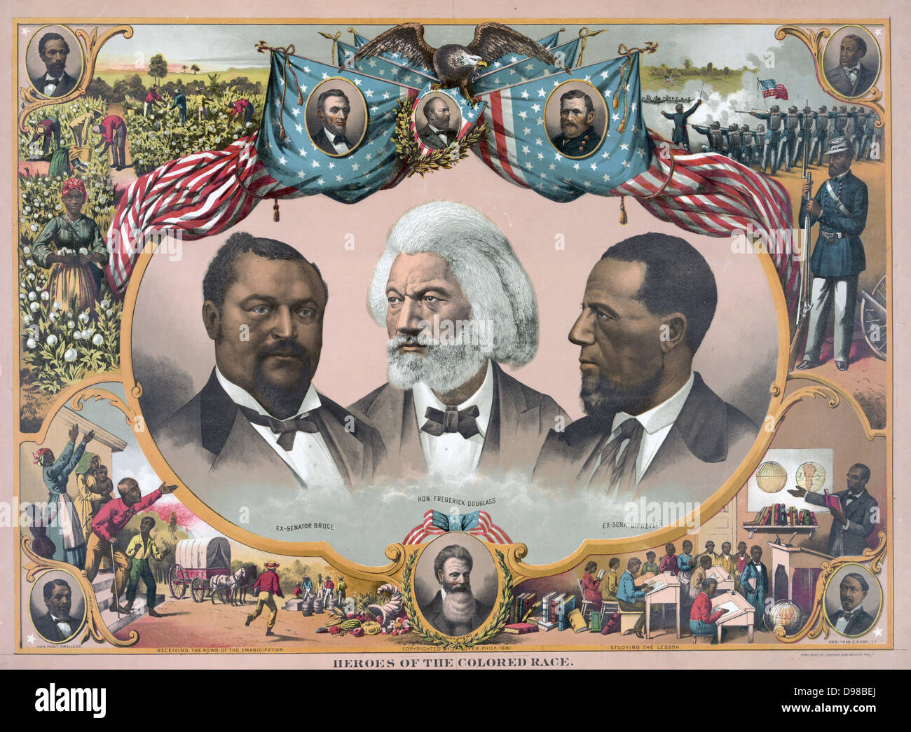 Heroes of the Colured Race': portraits of Blanche Kelso Bruce, Frederick Douglass, and Hirah Rhoades Revels, surrounded by vignettes of African American life and American politicians. Chromolithograph c1883. Stock Photo