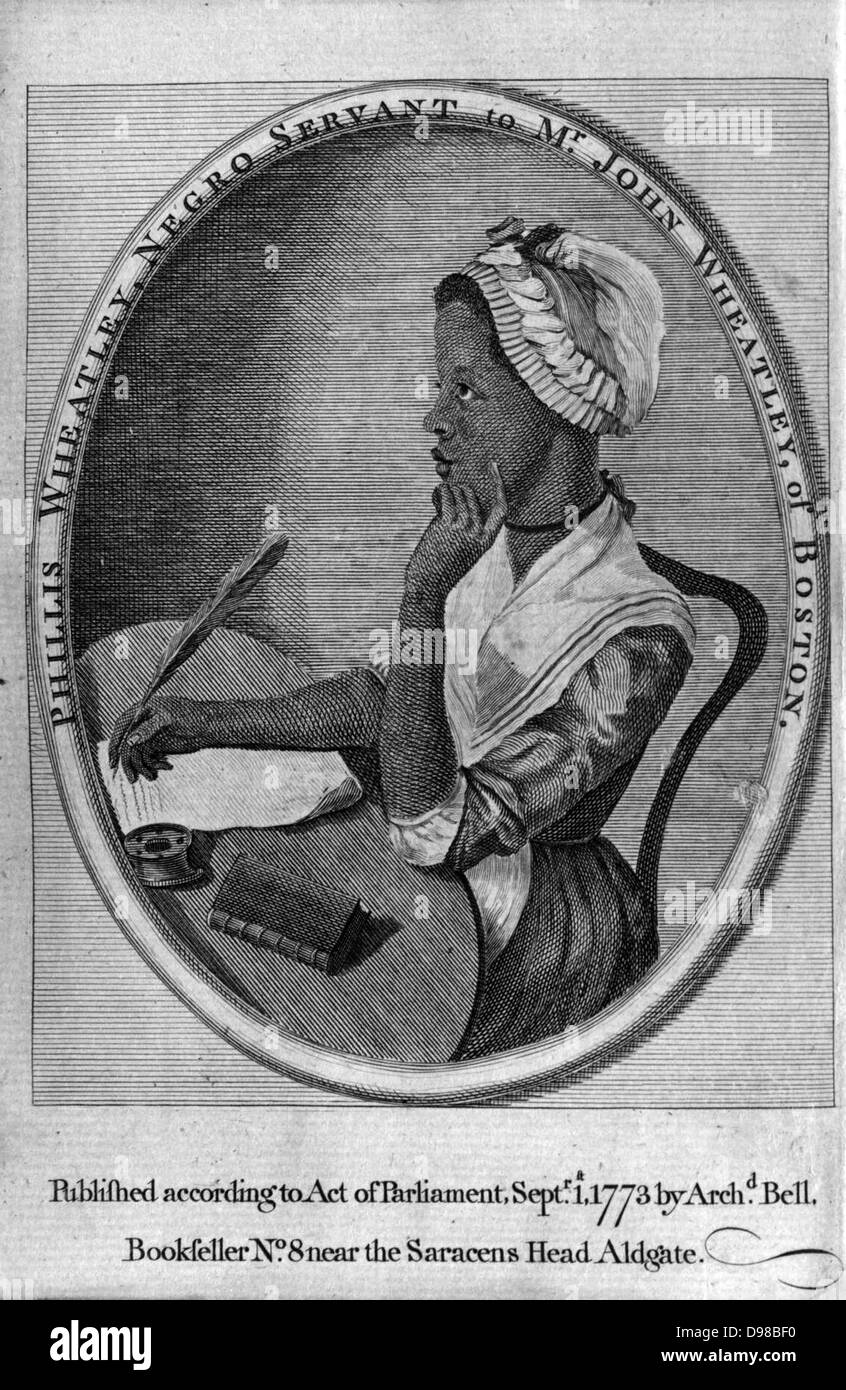 Phillis Wheatley (1753-1784) from frontispiece of her 'Poems on Various Subects ...'. Enslaved aged sevn, purchased by Wheatley family of Boston, Mass, who educated and encouraged her. First African-American woman to be published. Stock Photo