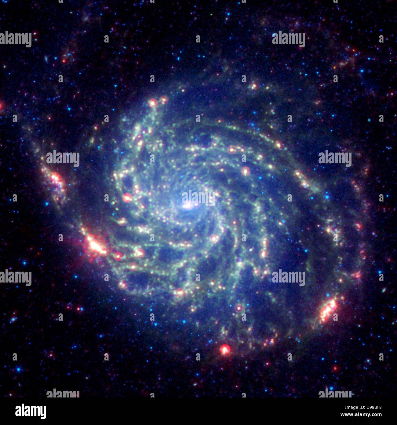 The galaxy Messier 101 is a swirling spiral of stars, gas, and dust. Messier 101 is nearly twice as wide as our Milky Way galaxy. Spitzer's view, taken in infrared light, reveals the galaxy's delicate dust lanes as yellow-green filaments. Such dense dust clouds are where new stars can form. In this image, dust warmed by the light of hot, young stars glows red. The rest of the galaxy's hundreds of billions of stars are less prominent and form a blue haze. Astronomers can use infrared light to examine the dust clouds where stars are born. Stock Photo
