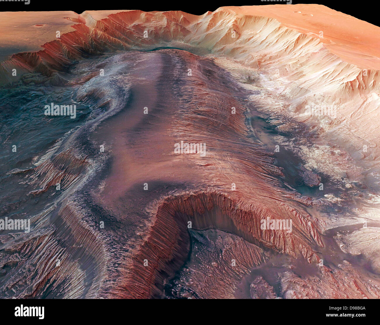 Mars Express High Resolution Stereo Camera image of Hebes Chasma.Hebes Chasma is an enclosed trough, almost 8000 m deep, in Stock Photo