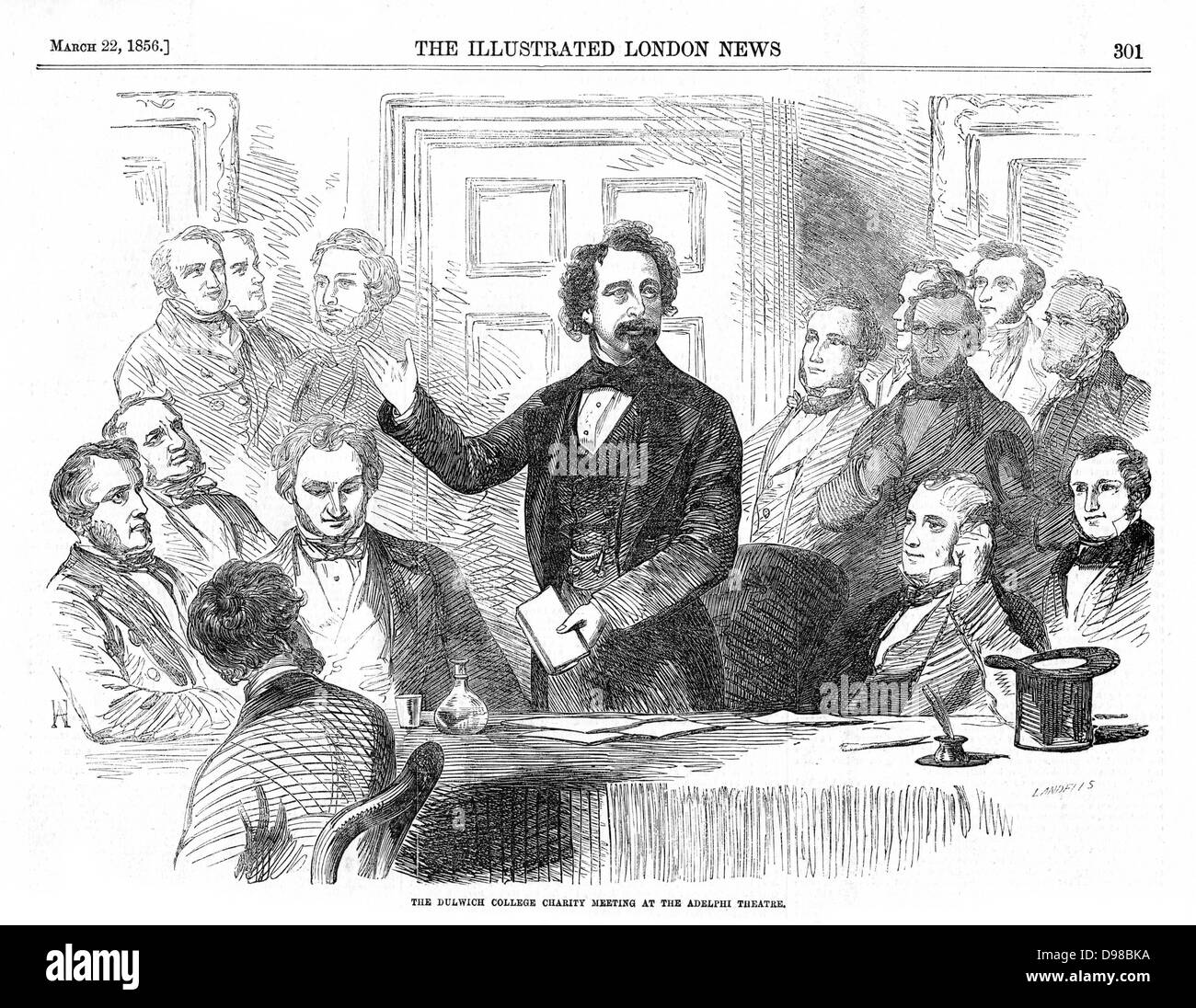Charles Dickens (1812-70) English novelist and journalist speaking at a Dulwich College Charity meeting. From 'The llustrated London News, 22 March 1856. Stock Photo