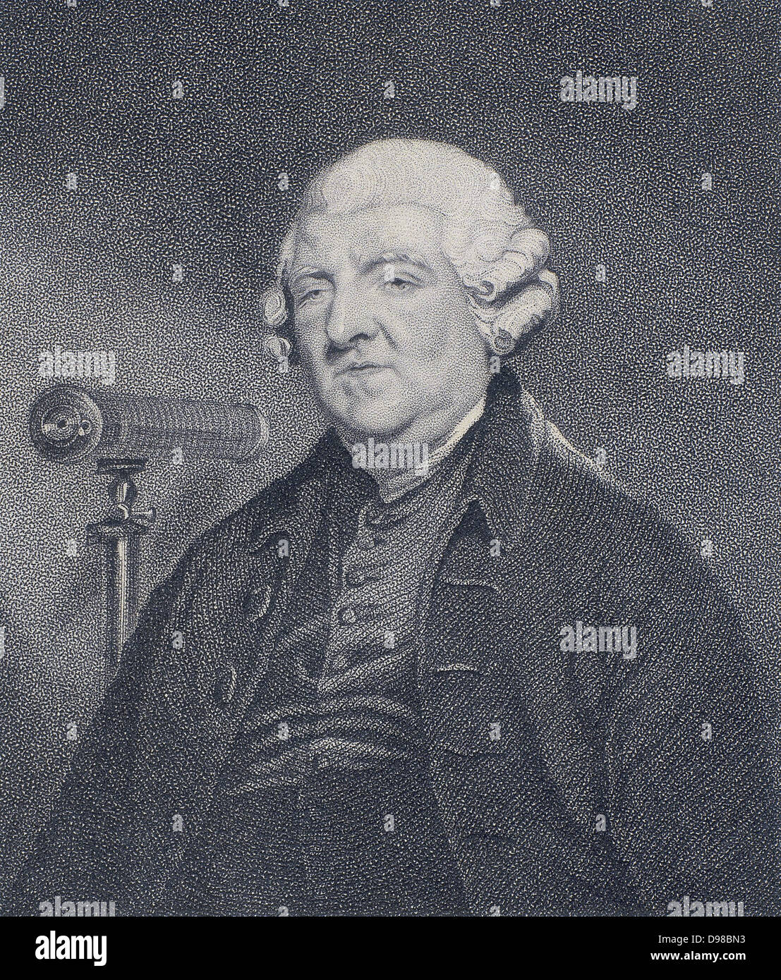 Peter Dollond (1720-1820) English optician, eldest son of John Dollond. Optical instrument designer and maker who worked with his father and nephew in London. Credited with invention of the triple achromatic lens. Dollond telescopes were used by Captain James Cook (1769) for observing the Transit of Venus, and by Lord Nelson. Engraving after the paintig hy J Hoppner, published 1820. Stock Photo