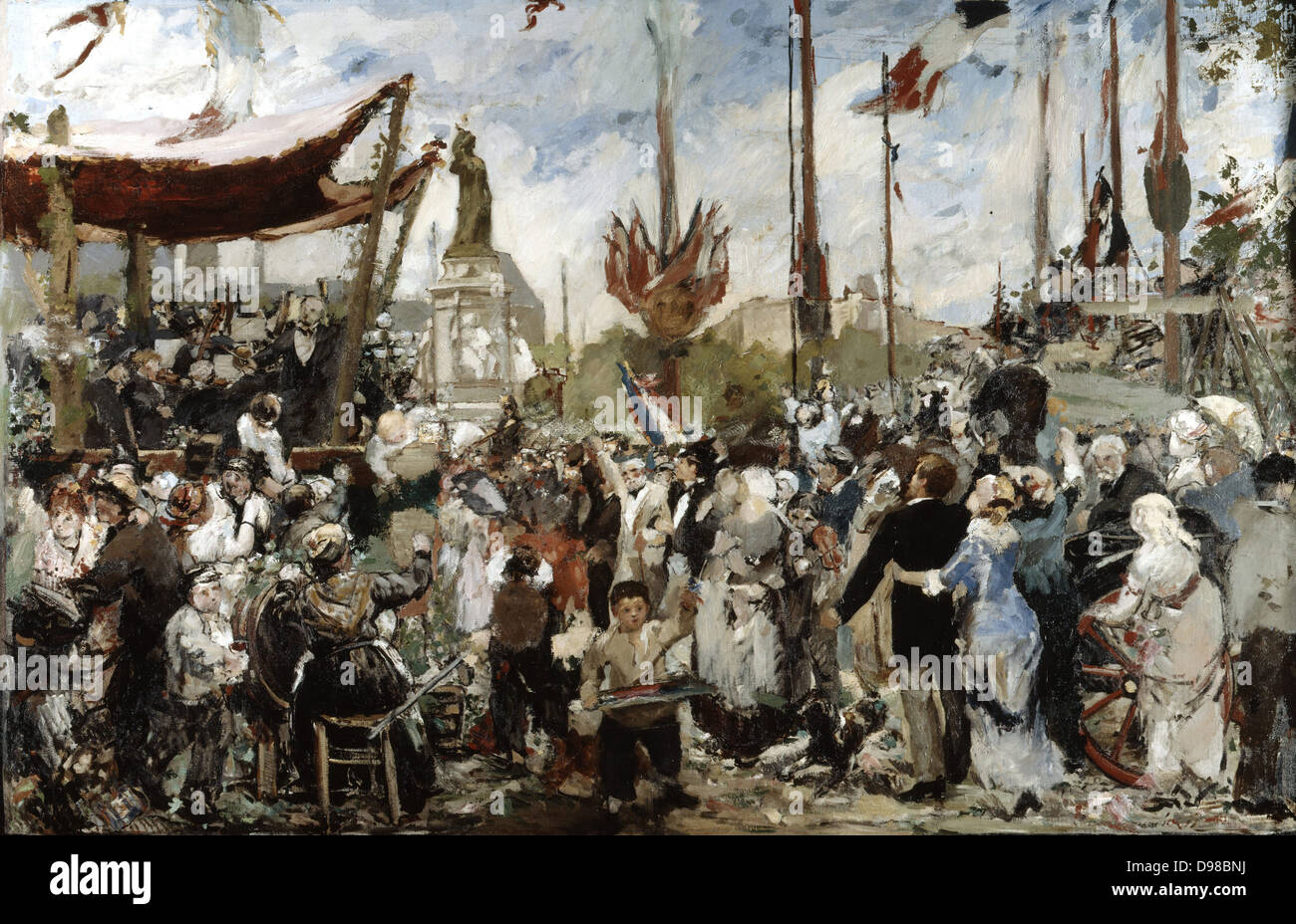 The 14th of July, 1880' study by Alfred Philippe Roll (1846-1919), French painter. The crowds are en fete for 14 July, Bastille Day, a public holiday in France, and are enjoying the music played by the band on the bandstand. Stock Photo