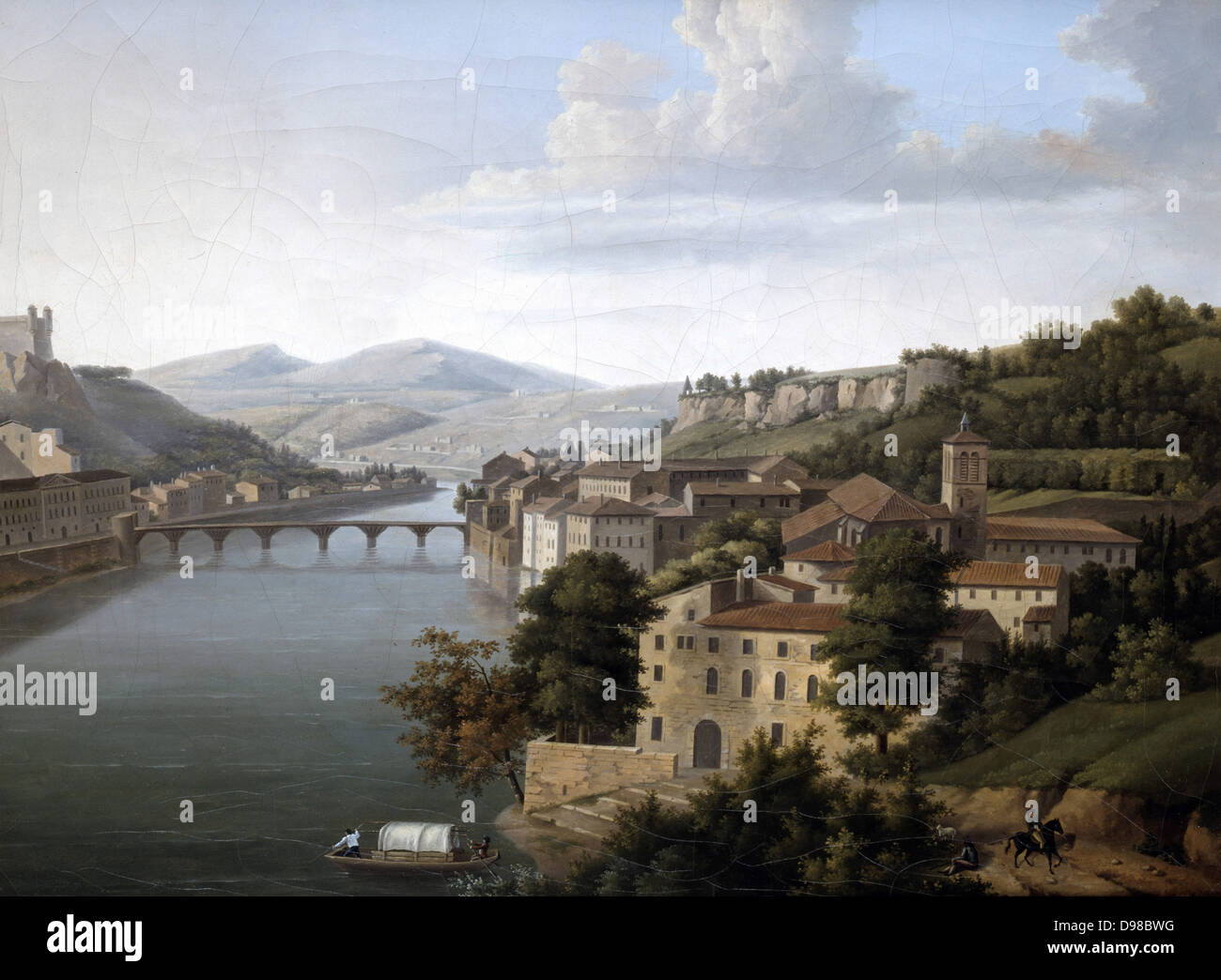 View of the Rhone': Riverscape with bridge connecting buildings on both banks of the water. Alexandrine Hyacinthe Dunouy (1757-1841) French painter. Oil on canvas. Stock Photo