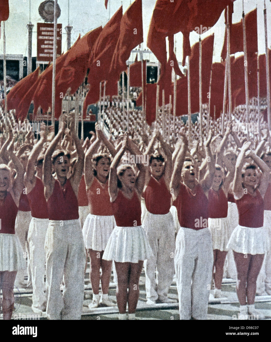Gymnasts parading at a Festival of Youth, in the USSR, 1950. Stock Photo