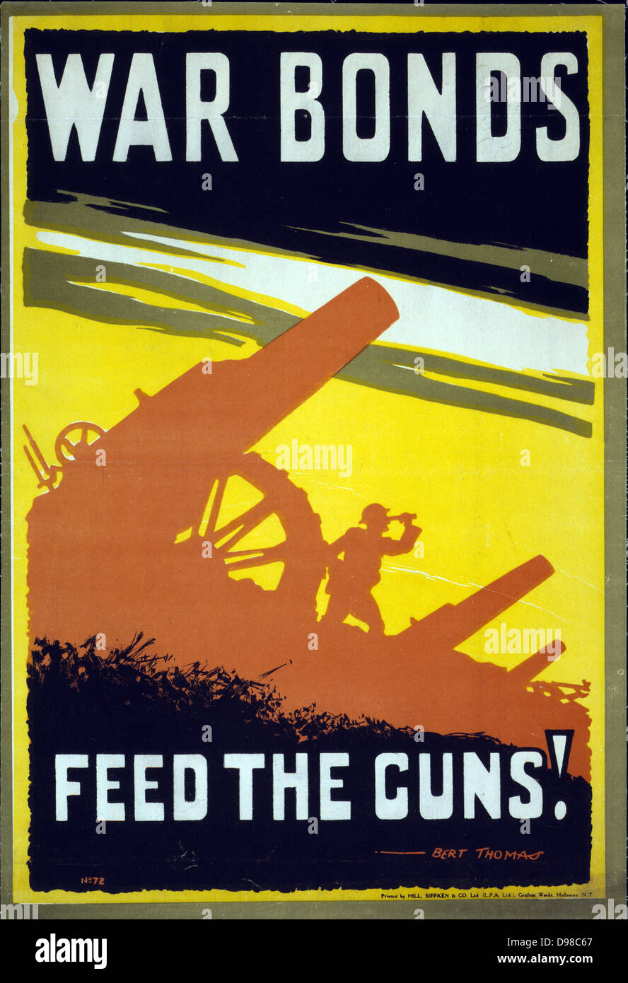 War bonds. Feed the guns! Artist Thomas, Bert, 1883-1966. Published:  1915 Summary: Poster showing a range of artillery, with soldier looking through a telescope. Stock Photo