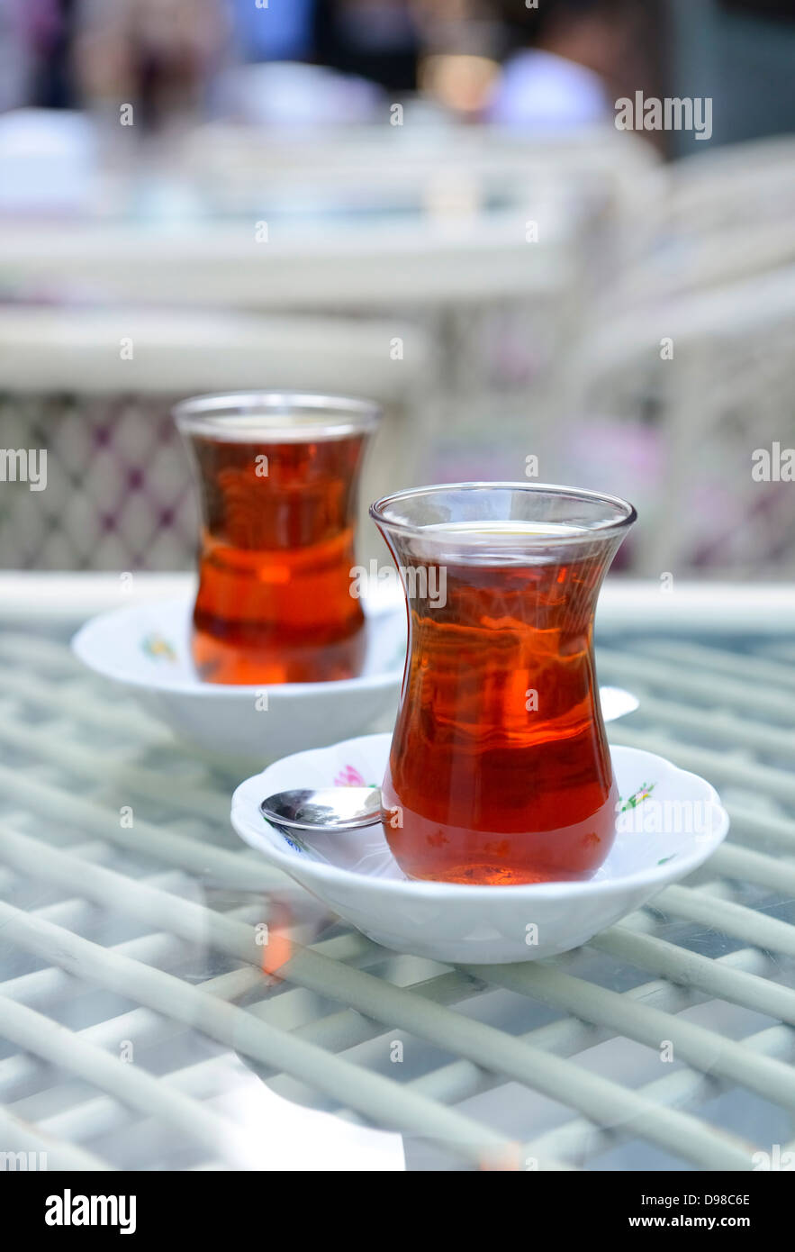 Turkey, Istanbul, Turkish tea in glass on table Stock Photo