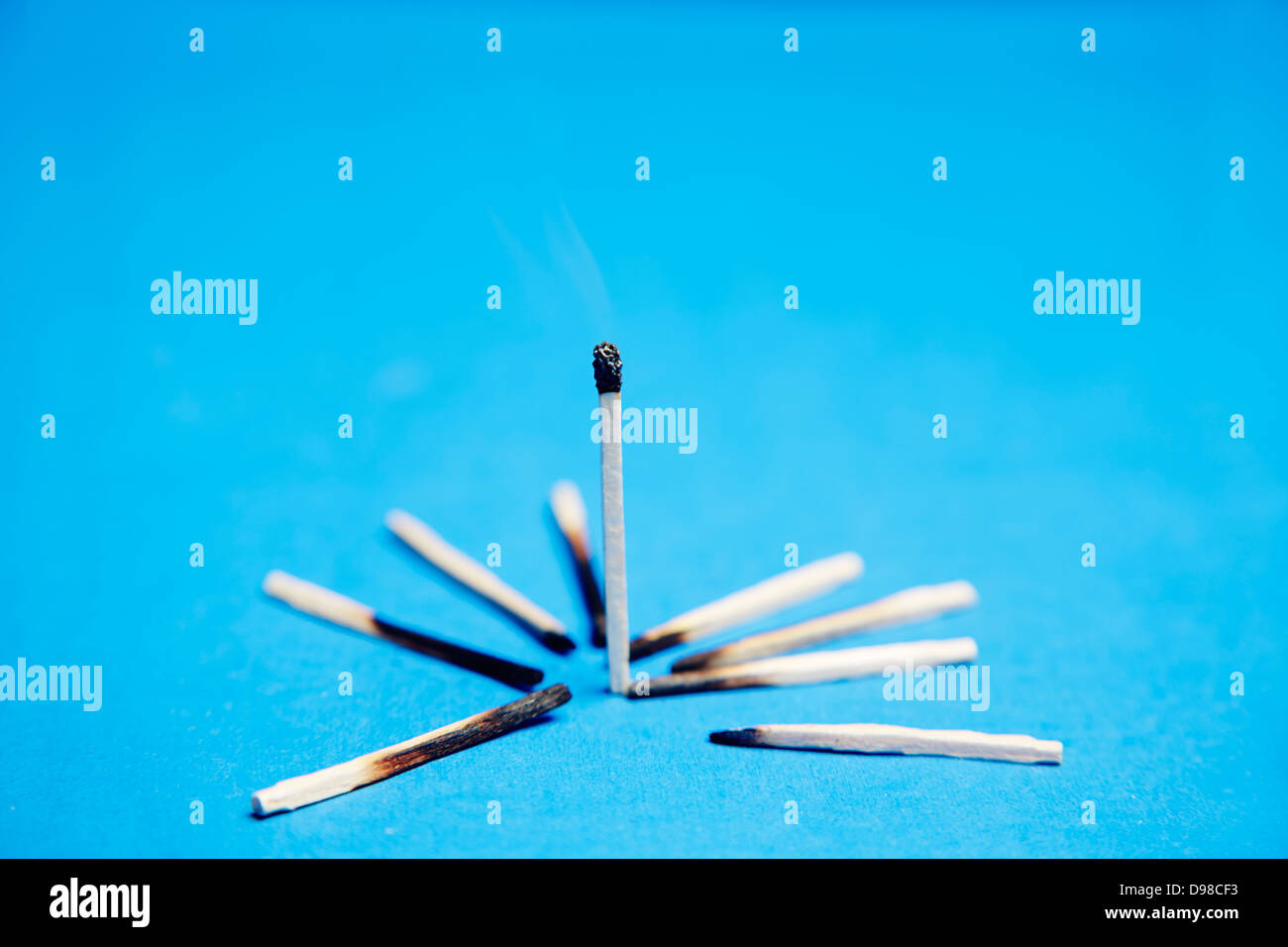 Burned matchstick surrounded with burnt matches Stock Photo