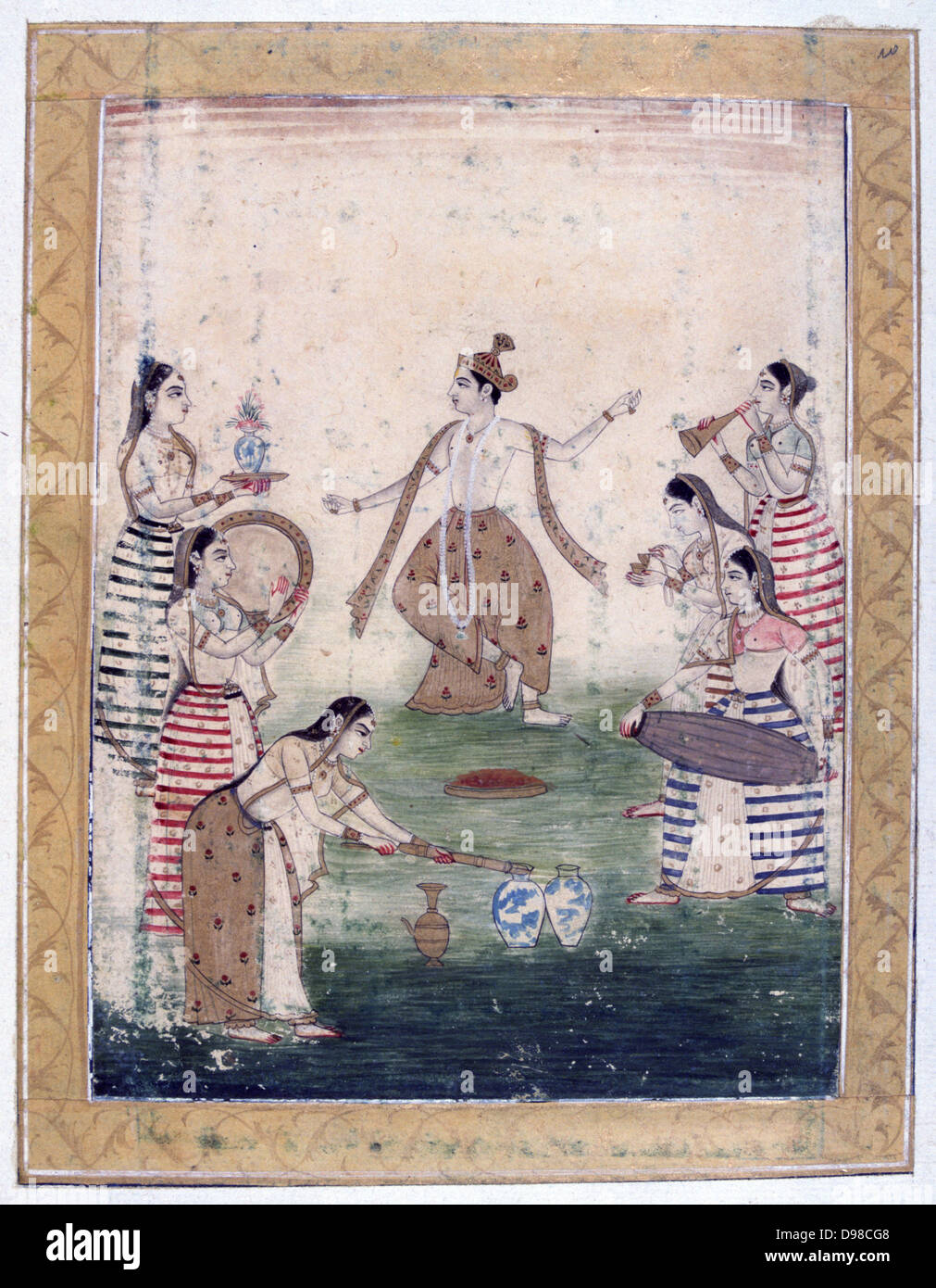 Album of Ragamala. Vasanta (Spring): Krishna dances to playing of Gopis, cow-herding young women devoted to Krishna. 19th century Indian miniature, Rajasthan School with Mughul influence. Stock Photo