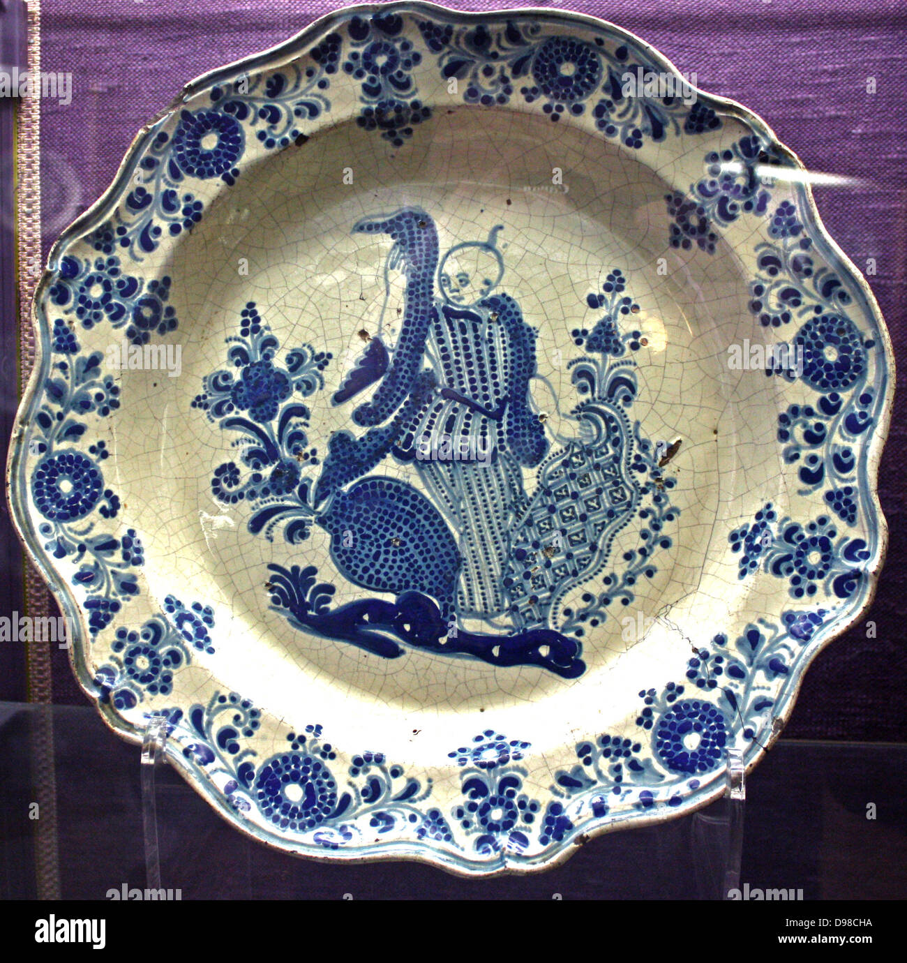 Plate, painted with a Chinese figure, tin-glazed earthenware.  Mexican, Pueble, about 1750-1820. Stock Photo