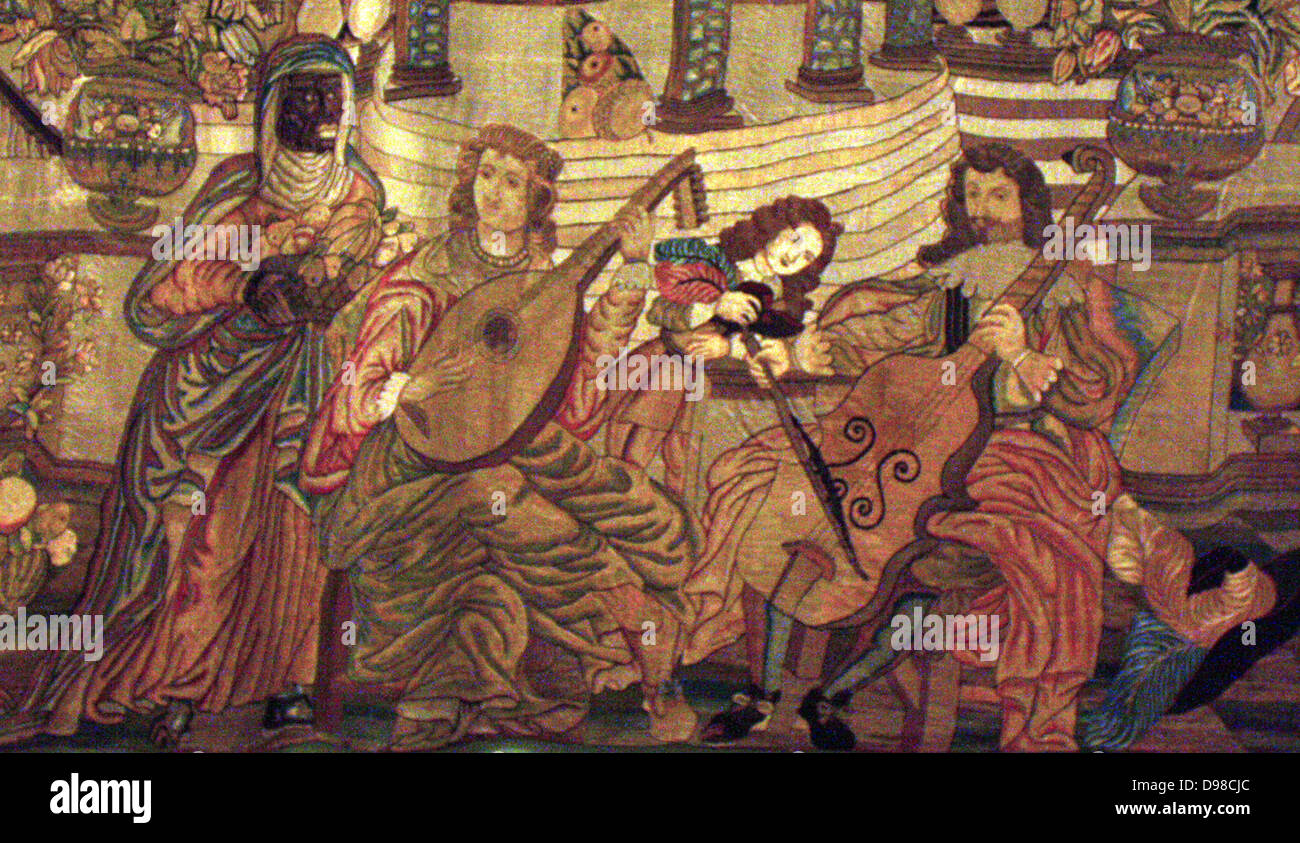 A well-dressed man and woman make music in a fanciful setting of a noble residence with a formal garden.  Servants attend them, and animals including a pet monkey and a peacock are also prominent, evoking the wealth and taste for luxury of the group.  The harmony of music can symbolize love and fidelity but the sounds and pleasures of music fade, as do fruit and flowers.  The embroidery, which may be Spanish, once had a decorative border that probably included the client's coat of arms.  Music was an important part of social life. Stock Photo