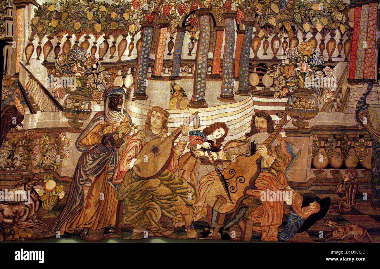 A well-dressed man and woman make music in a fanciful setting of a noble residence with a formal garden.  Servants attend them, and animals including a pet monkey and a peacock are also prominent, evoking the wealth and taste for luxury of the group.  The harmony of music can symbolize love and fidelity but the sounds and pleasures of music fade, as do fruit and flowers.  The embroidery, which may be Spanish, once had a decorative border that probably included the client's coat of arms.  Music was an important part of social life. Stock Photo