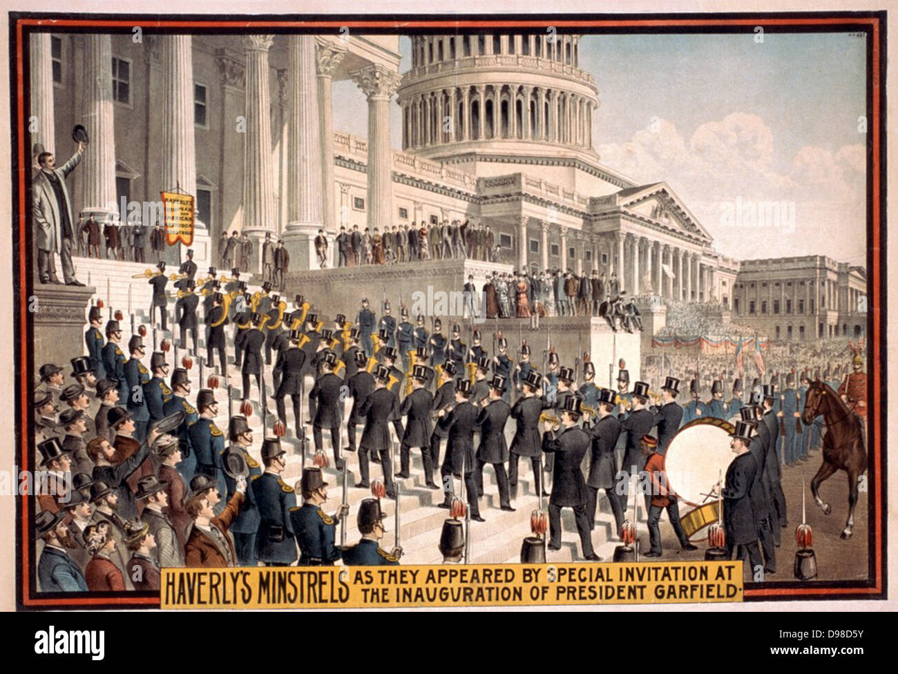 Haverley's Minstrels as they appeared by special invitation at the inauguration of President Garfield. The band ascending the steps of the Capitol building, Washington, 1891. Chromolithograph. Stock Photo
