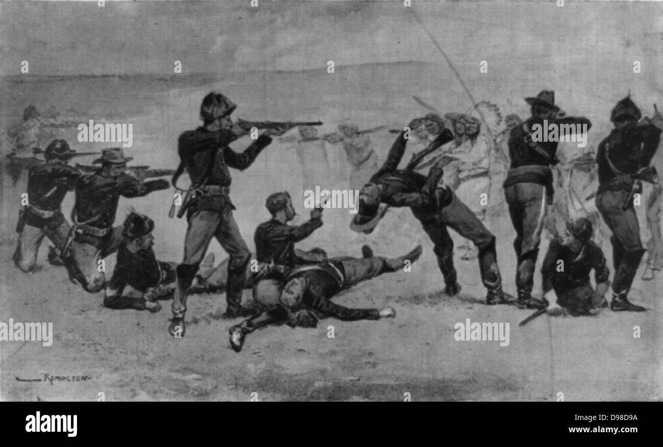 Opening of the Massacre at Wounded Knee,South Dakota, 29 December 1890. US Seventh Cavalry in battle with Lakota Sioux Native American. Stock Photo