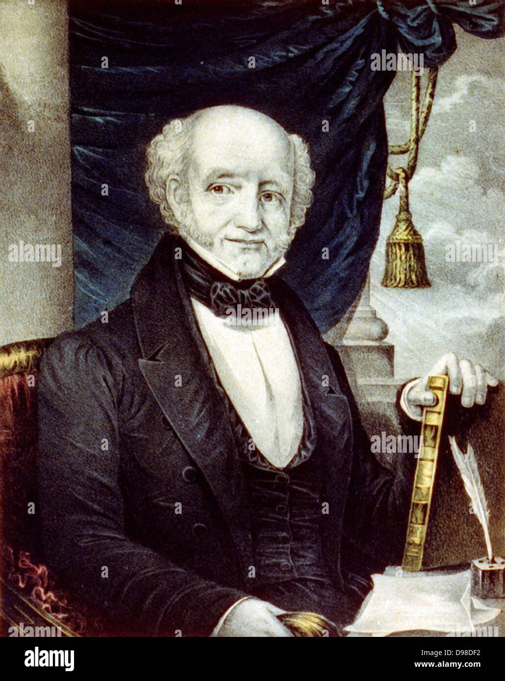 Martin Van Buren (1782-1862) Eighth President of the United States of America (1837-1841), the first President to be born an American citizen. Currier & Ives lithograph portrait of Van Buren seated at desk holding a leather-bound book. Stock Photo