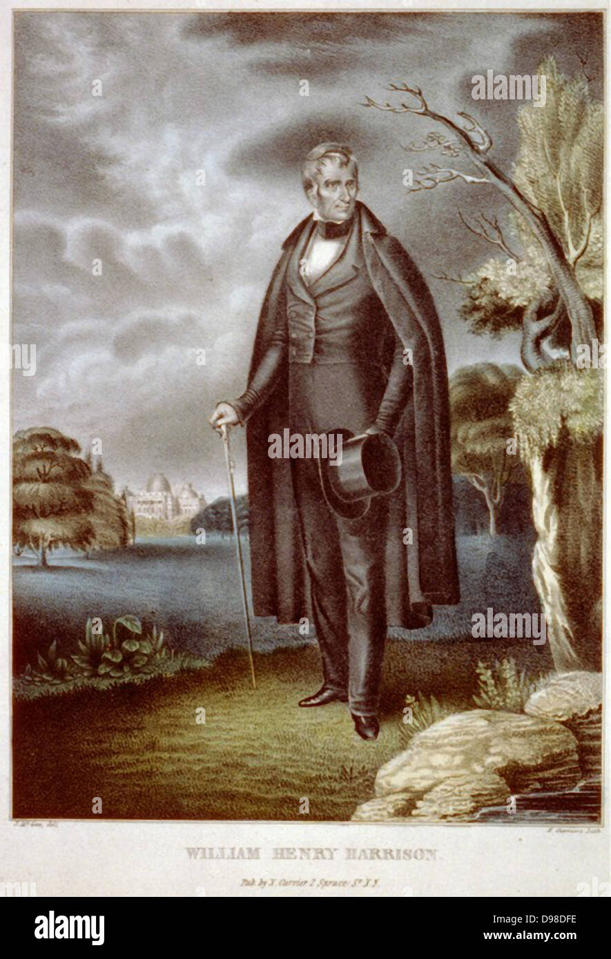 William Henry Harrison (1773-1841) American soldier and politician. Ninth President f the United States of America 1841. Died on 32nd day in office, the shortest presidential tenure to date and first President to die in office. Coloured lithograph. Stock Photo