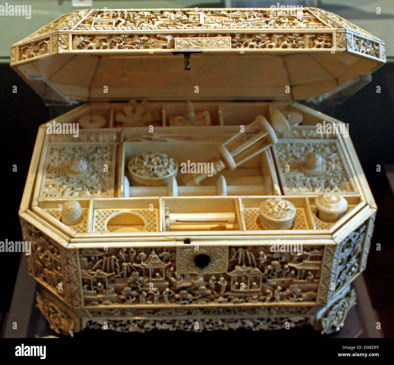 Two sewing boxes, 1800s, China, lacquer, ivory.  Both boxes were made in China for export to Europe. Stock Photo