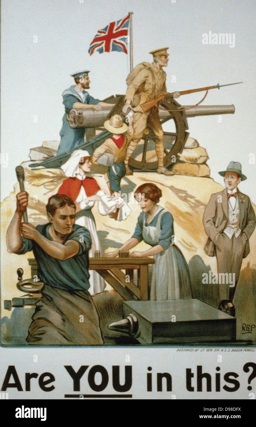 Are YOU in this? First World War recruitment poster by Baden Powell showing helpers on the home front giving backup to fighting soldiers and sailors. Stock Photo