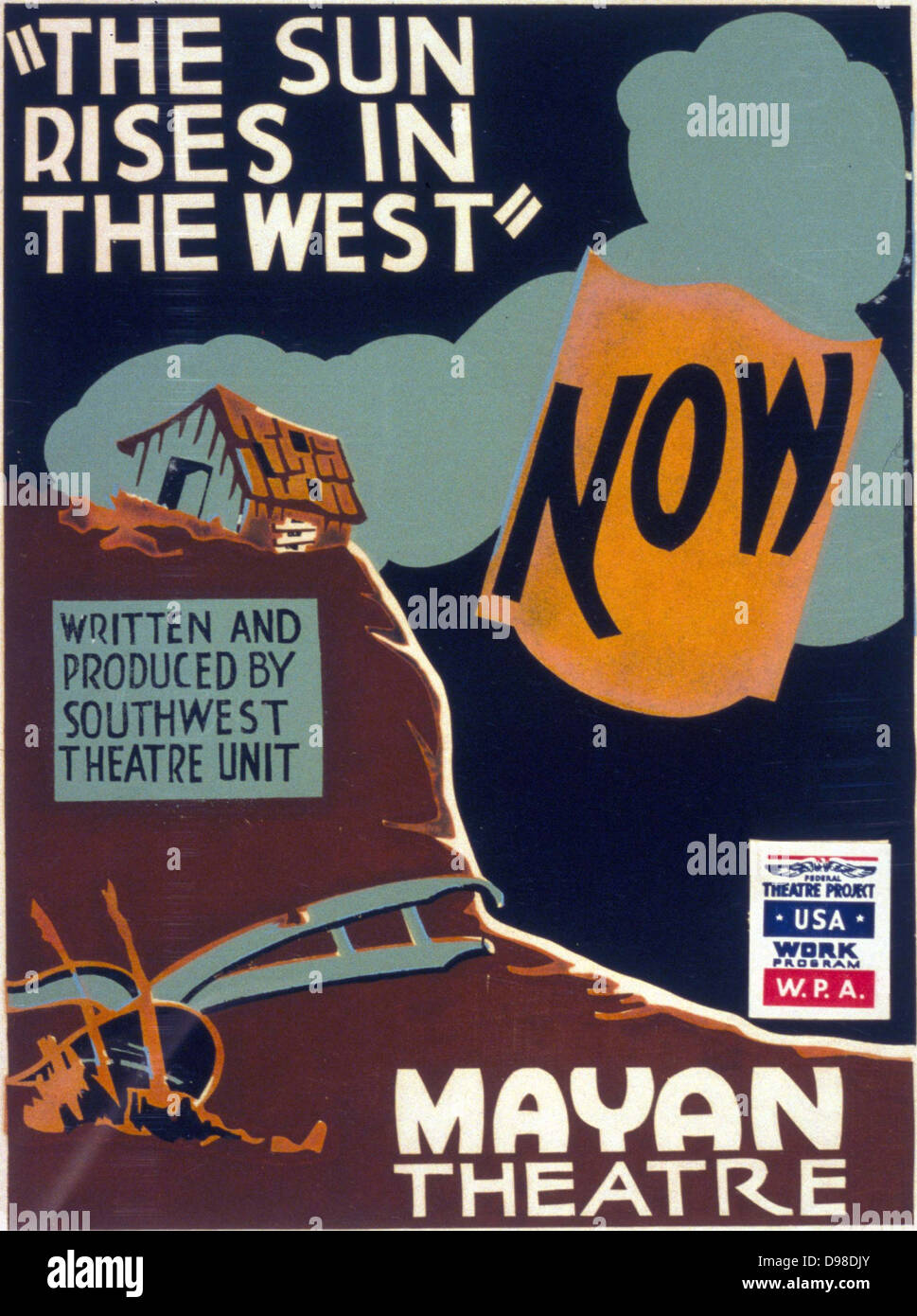 Poster for 'The Sun Rises in the West' produced at the Mayan Theatre, California under the auspices of the Californian Art Project, part of the Work Projects Administration, WPA, founded by FD Roosevelt in 1935 to provide jobs during the Great Depression. Stock Photo