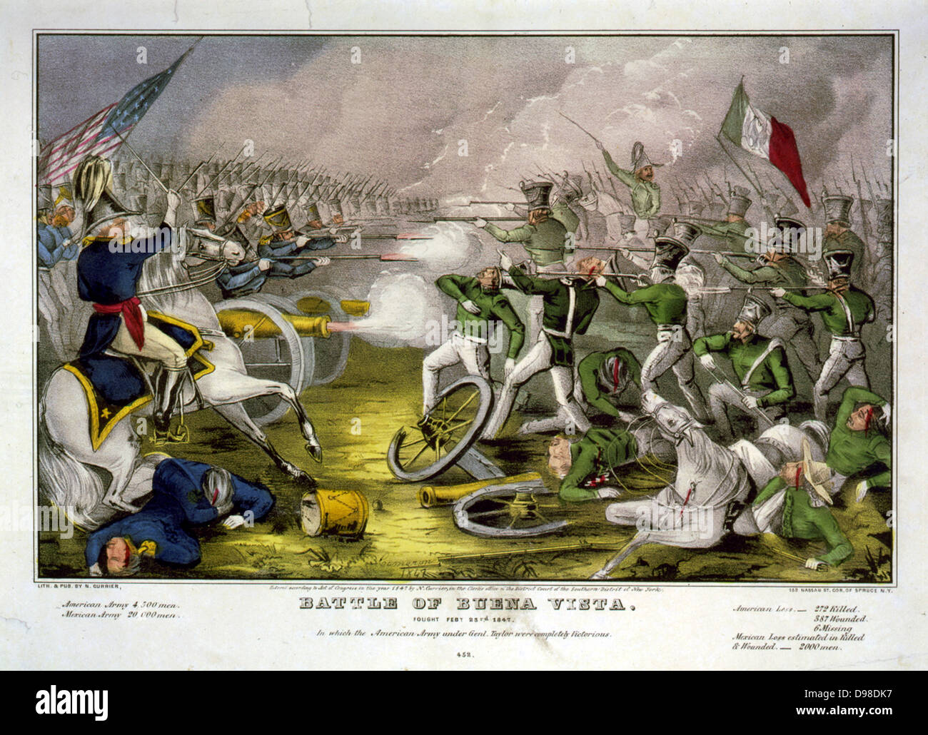 Mexican-American War 1846-1848: Battle of Buena Vista, also known as Battle of Angostura, 22-23 February 1847. Mexicans under Santa Anna, in green, defeated by the American under General Zachary Taylor. Hand-coloured engraving. Stock Photo