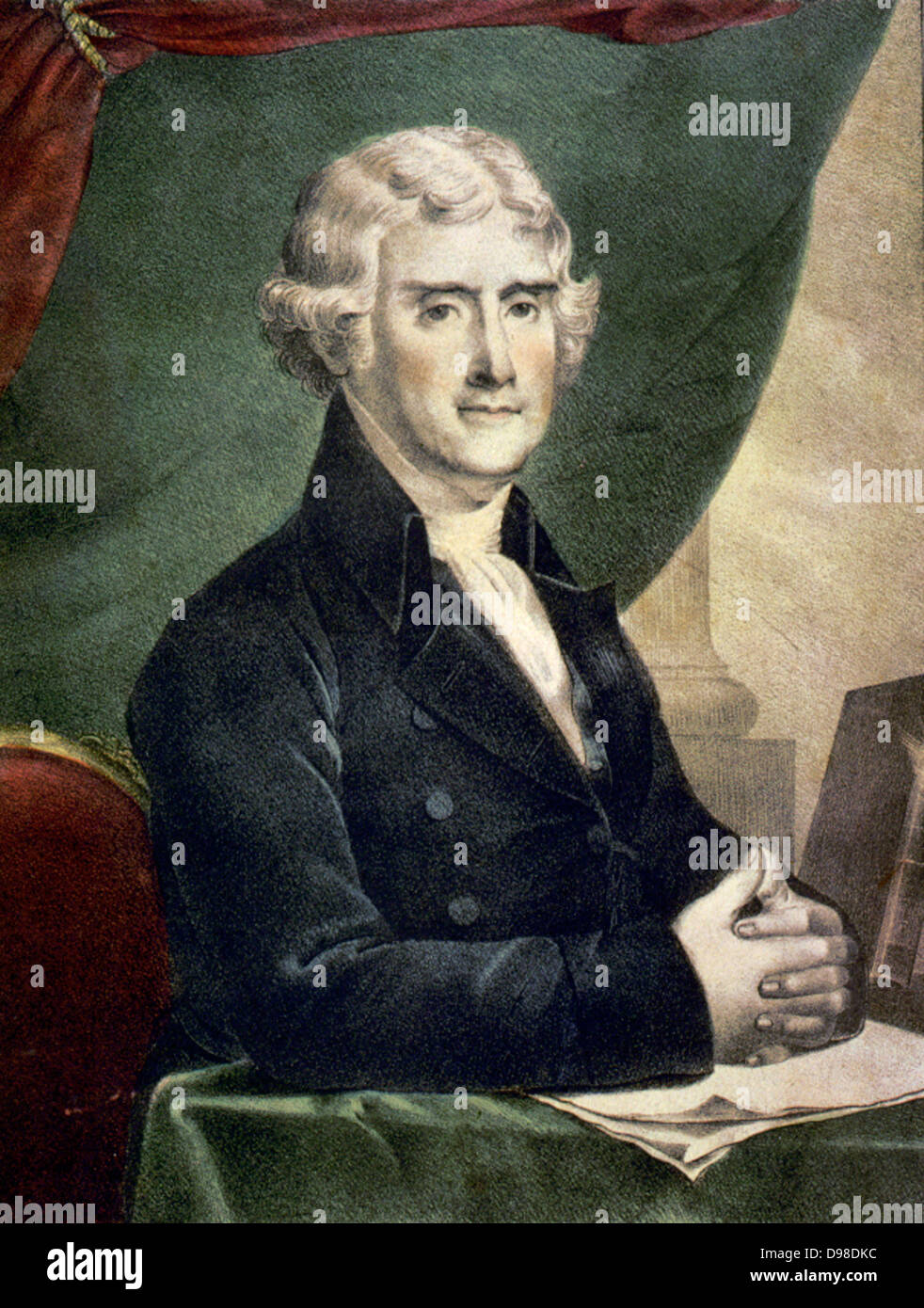 Thomas Jefferson (1743-1826) Third President of the United States 1801-1809. Coloured lithograph half-length portrait of Jefferson seated at desk, c1845. Stock Photo