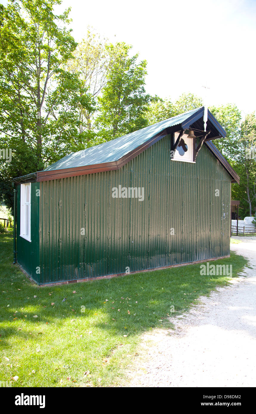 Gable end of corrugated Church / village hall painted green Stock Photo
