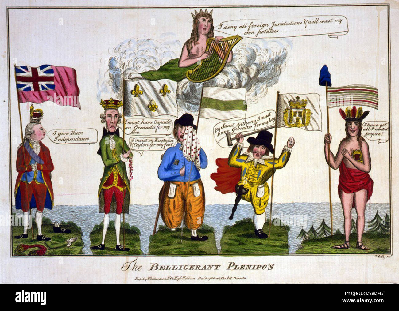 The Belligerent Plenipo's:, cartoon by Thomas Colley, London, 1782. Left George III with half crown, right America, with other half of crown and 'I have got all I wanted'. In middle, France, Holland and Spain who lost by helping America to Independence. Stock Photo