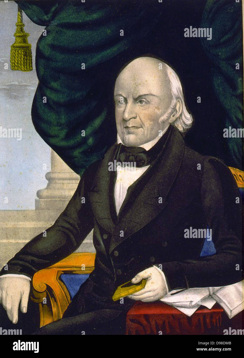 John Quincy Adams (1767-1848) American diplomat and Sixth President of the United States of America 1825-1829. Half-length portrait of Adams seated holding a small book. Hand-coloured lithograph c1848. Stock Photo