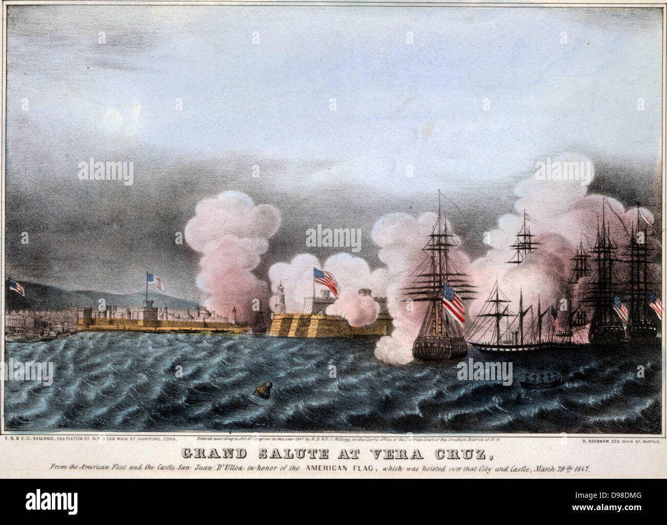 Mexican-American War 1846-1848: Battle of Vera Cruz, 20 day siege of the city 9-29 March 1847. American fleet saluting the raising of Stars and Stripes on Castle of San Juan d'Ulloa . This was the first large-scale amphibious assault by the United States forces. Stock Photo