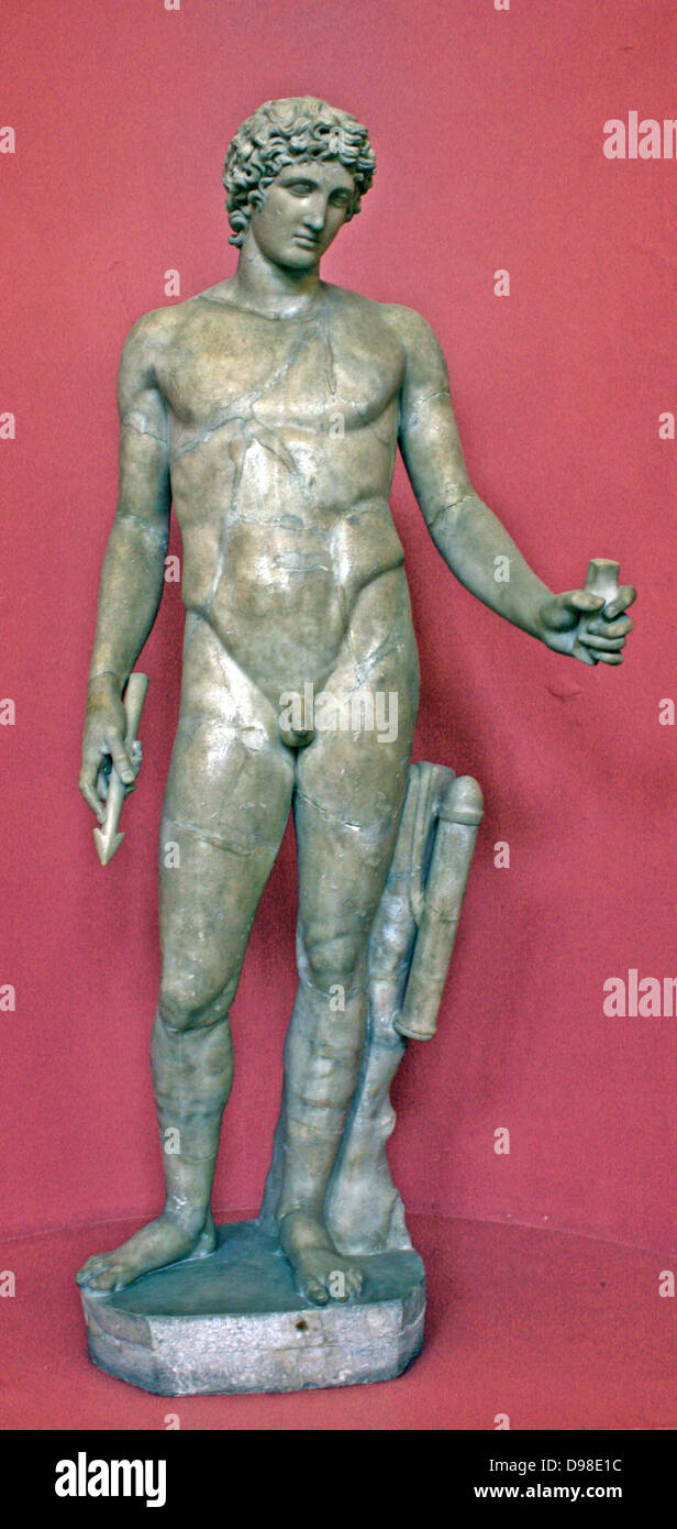 Apollo.  Of all the Greek gods Apollo, the son of Zeus and Leto, represents best the achievements in the development of mankind.  Apart from being the god of music and prophecy, he is generally associated with ethics.  The attributes of Apollo are either the cithara, or a snake and a lauren branch. Roman, early Antonine period (Mid 2nd century AD.) Stock Photo