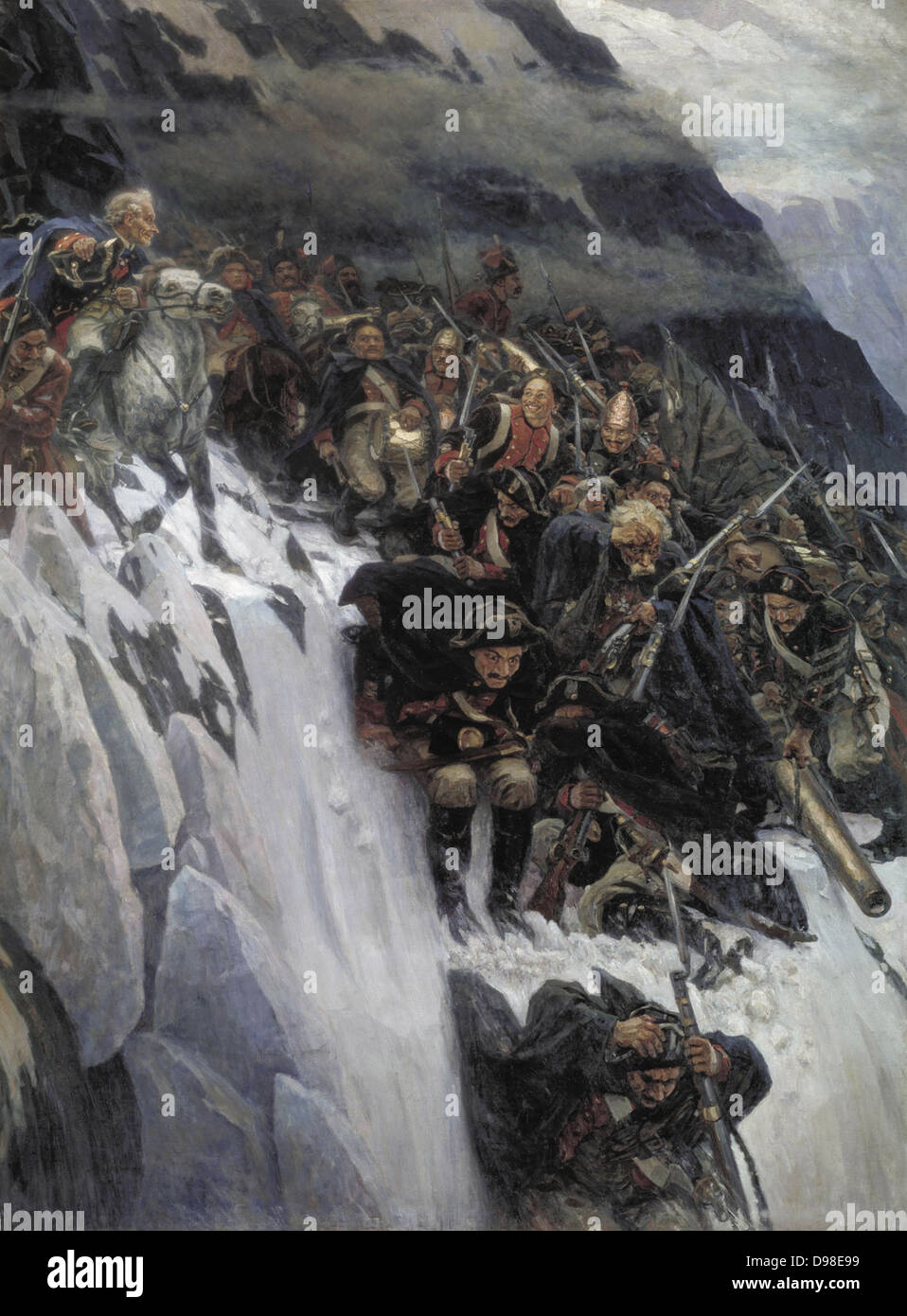 Wassilij Iwanowitsch Surikow (1848–1916) Russian Troops under Suvorov Crossing the Alps in 1799. Date 1899. The Italian and Swiss expeditions of 1799 and 1800 were undertaken by the Russian commander Alexander Suvorov against French force in the French Revolutionary Wars Stock Photo