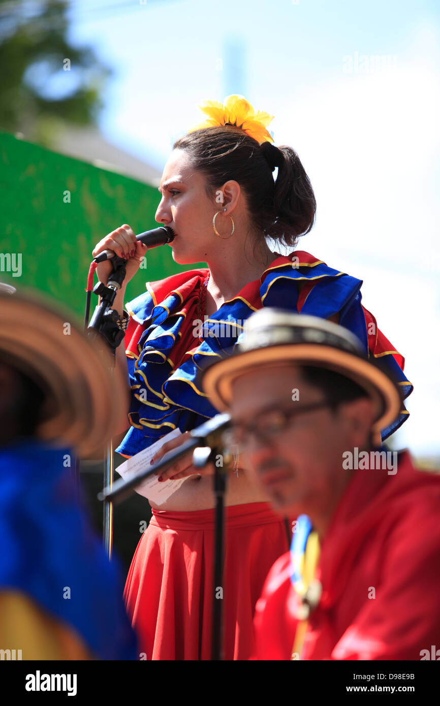 Colombian musicians on a float at carnaval parade at Mission District, San Francisco, California, USA Stock Photo