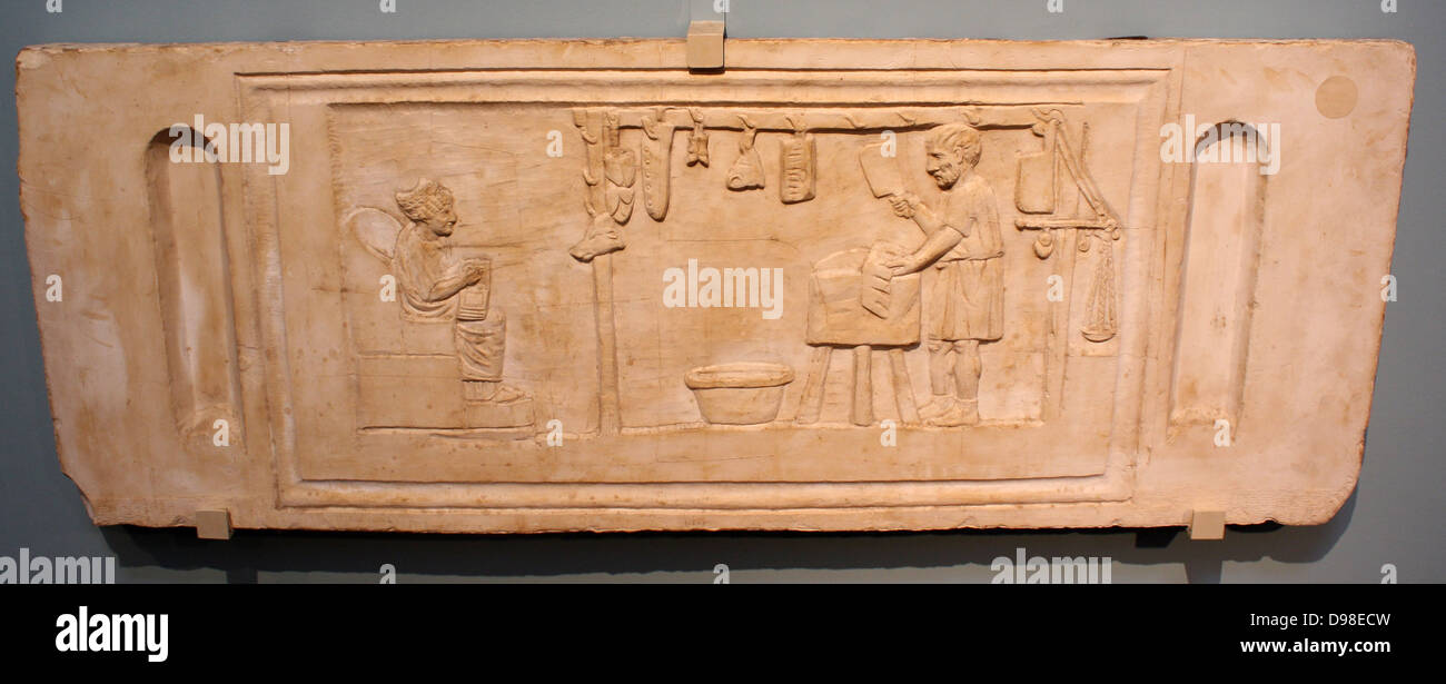 Funerary relief for butcher, AD125-150.  A butcher is at work in his shop; various cuts of meat hang above; his seated wife holds a wax tablet; she goes the shop's accounts.  She wears a fashionable hairstyle of the Hadrianic period.  The relief was probably set in the facade of a tomb. Stock Photo