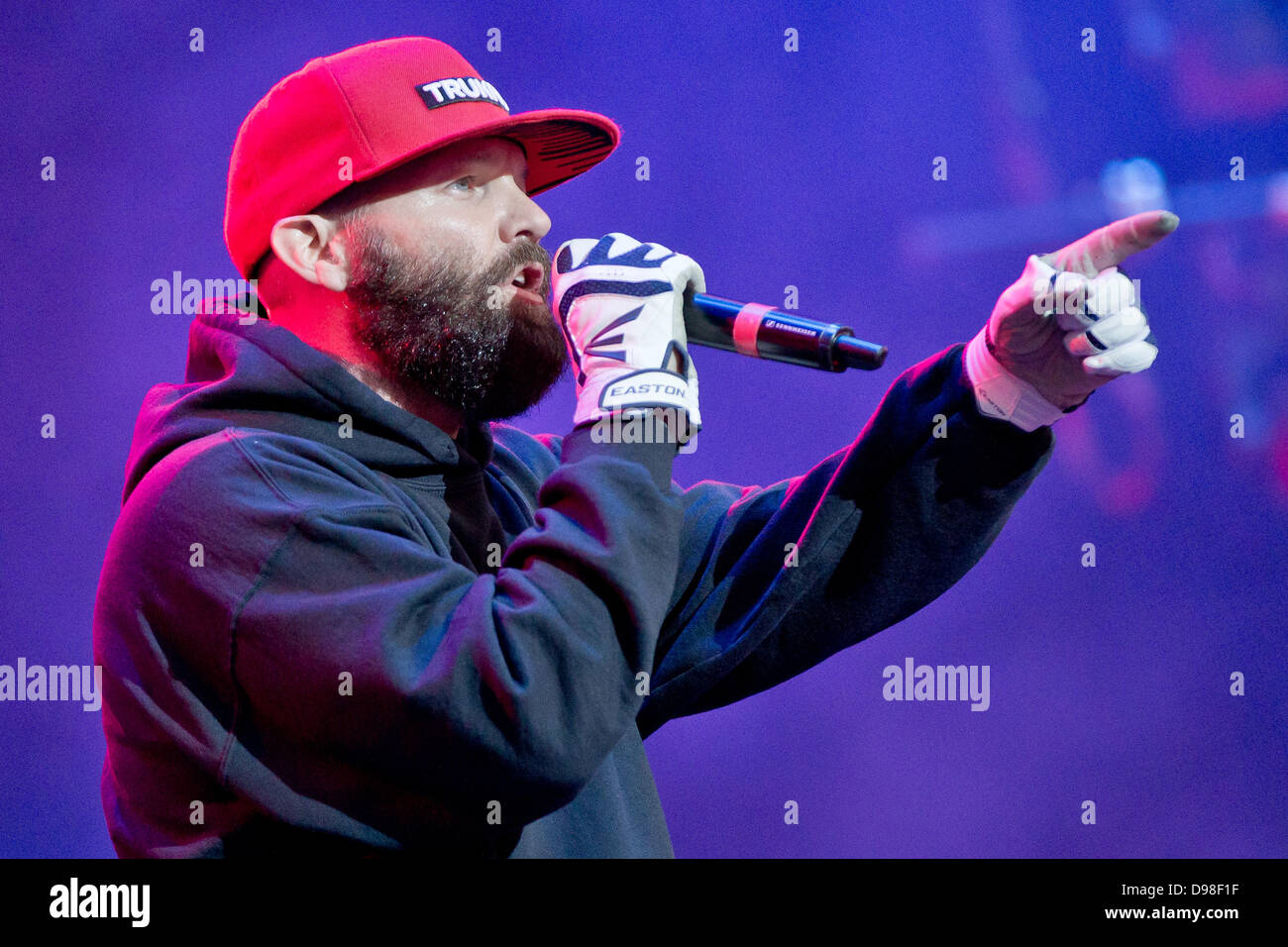 Fred Durst, singer of the US Band Limp Bizkit, performs on a stage of music  festival Rock im Park in Nuremberg, Germany, 09 June 2013. More than 70,000  fans of rock music