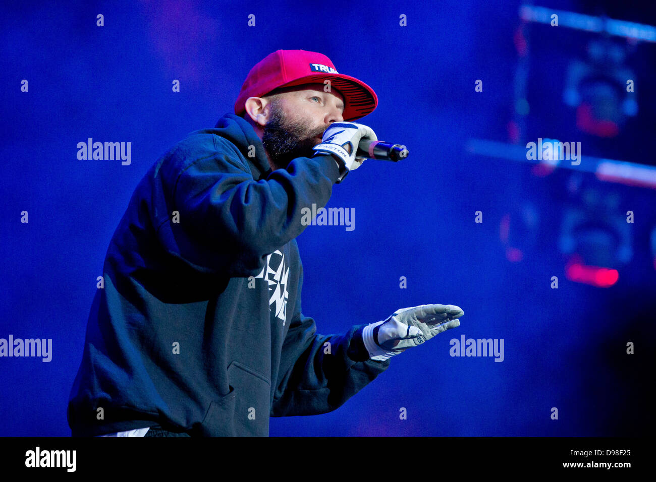 Fred Durst, singer of the US Band Limp Bizkit, performs on a stage of