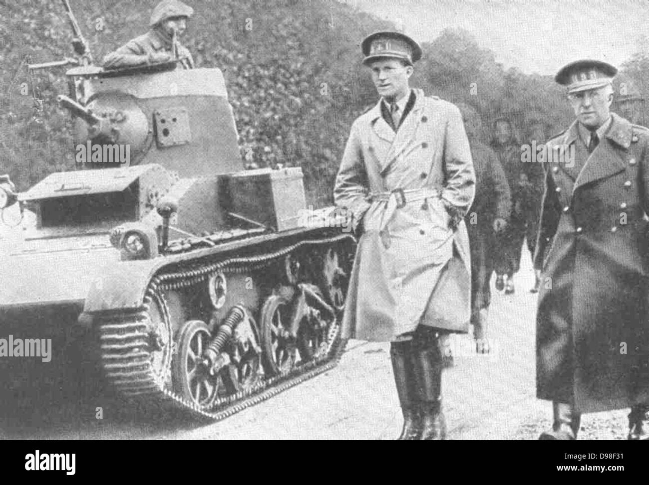Leopold III of Belgium, 1901 – 1983 King of the Belgians from 1934 - 1951, when he abdicated. King Leopold with his War Minister General Denys attending pre war manoeuvres circa 1938. d Stock Photo