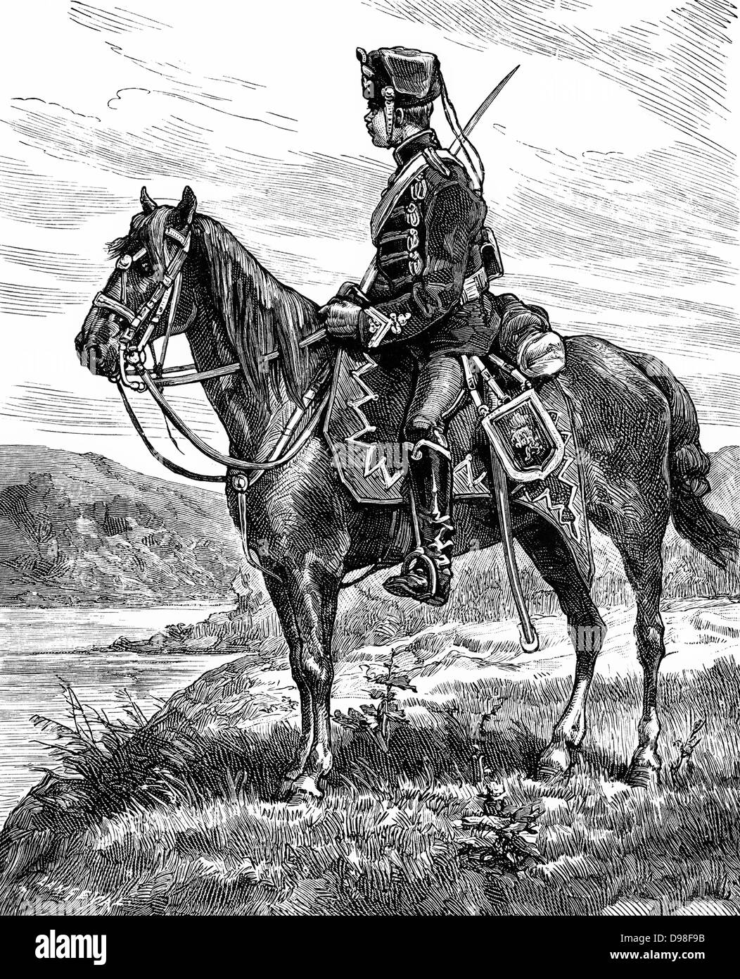 Historical drawing, a Prussian Hussar, Franco-Prussian War or Franco-German War, 1870-71 Stock Photo
