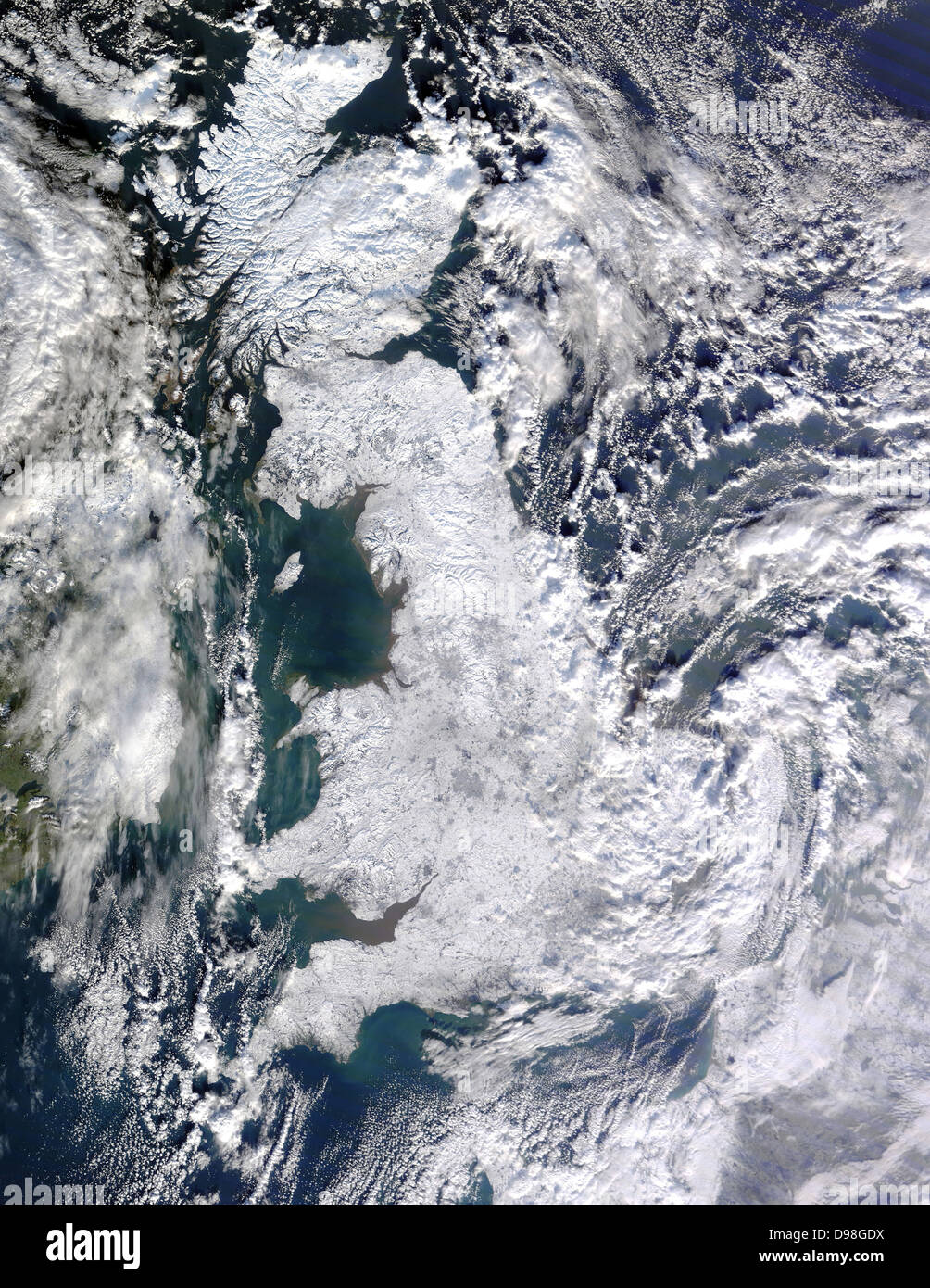 United Kingdom of Great Britain under a cover of snow. Photographed by Satellite Stock Photo