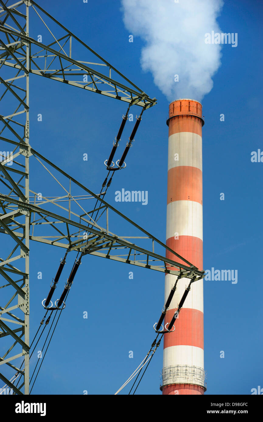 chimney of electric power station and pole Stock Photo