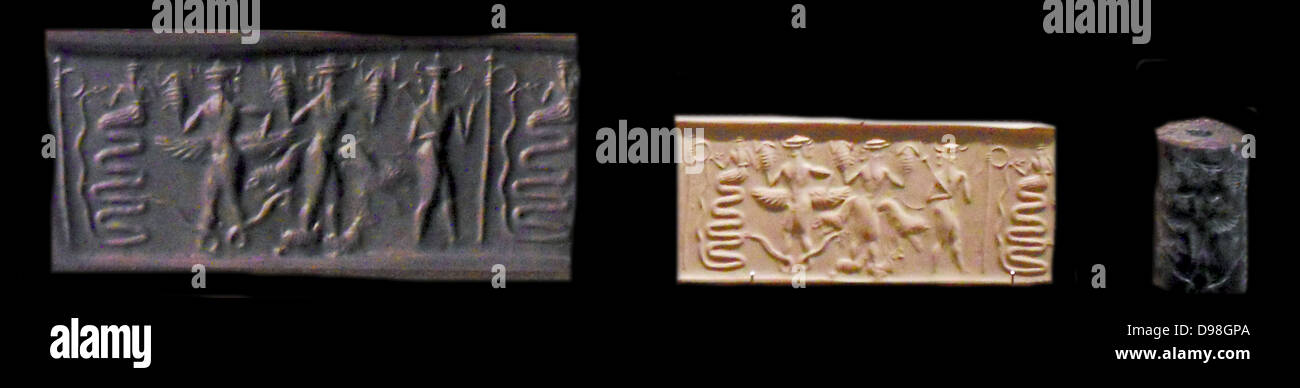 Cylinder seal with impressions, from Mesopotamia. seal made from Lapis Lazuli depicting a battle between gods. Early Akkadian Period, 2350-2250 BC. Stock Photo