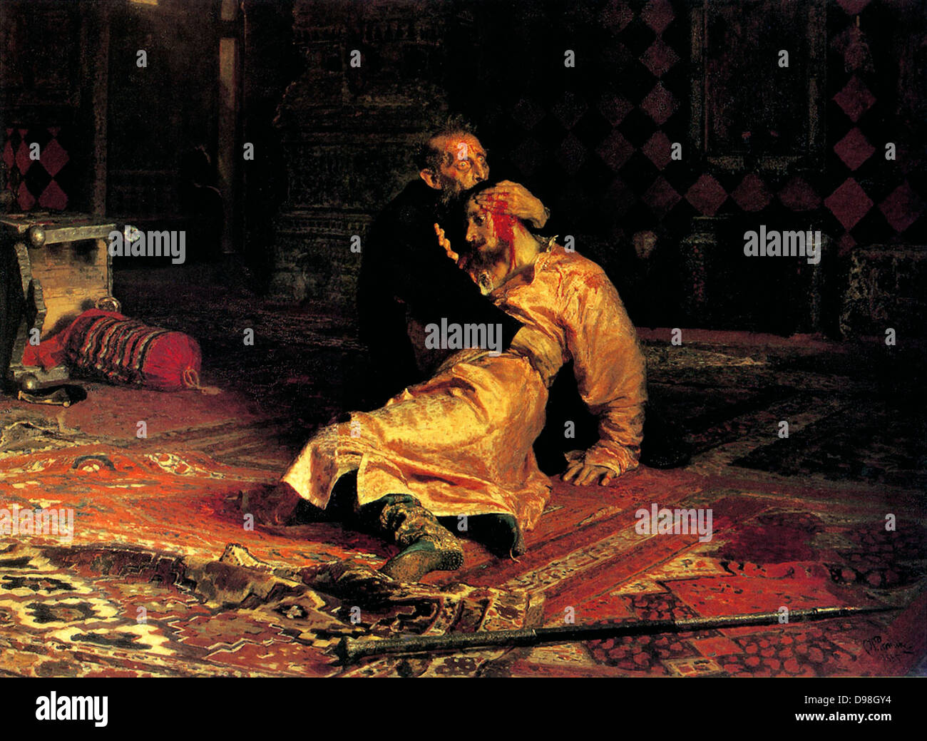In 1581, Ivan beat his son, Ivan in a heated argument causing his son's death. Depicted in the painting by Ilya Repin, 'Ivan the Terrible killing his son' by Ilya Repin. Ivan IV 'the Terrible' (1530 – 1584) Tsar of Russia 1533 - 1584. Stock Photo