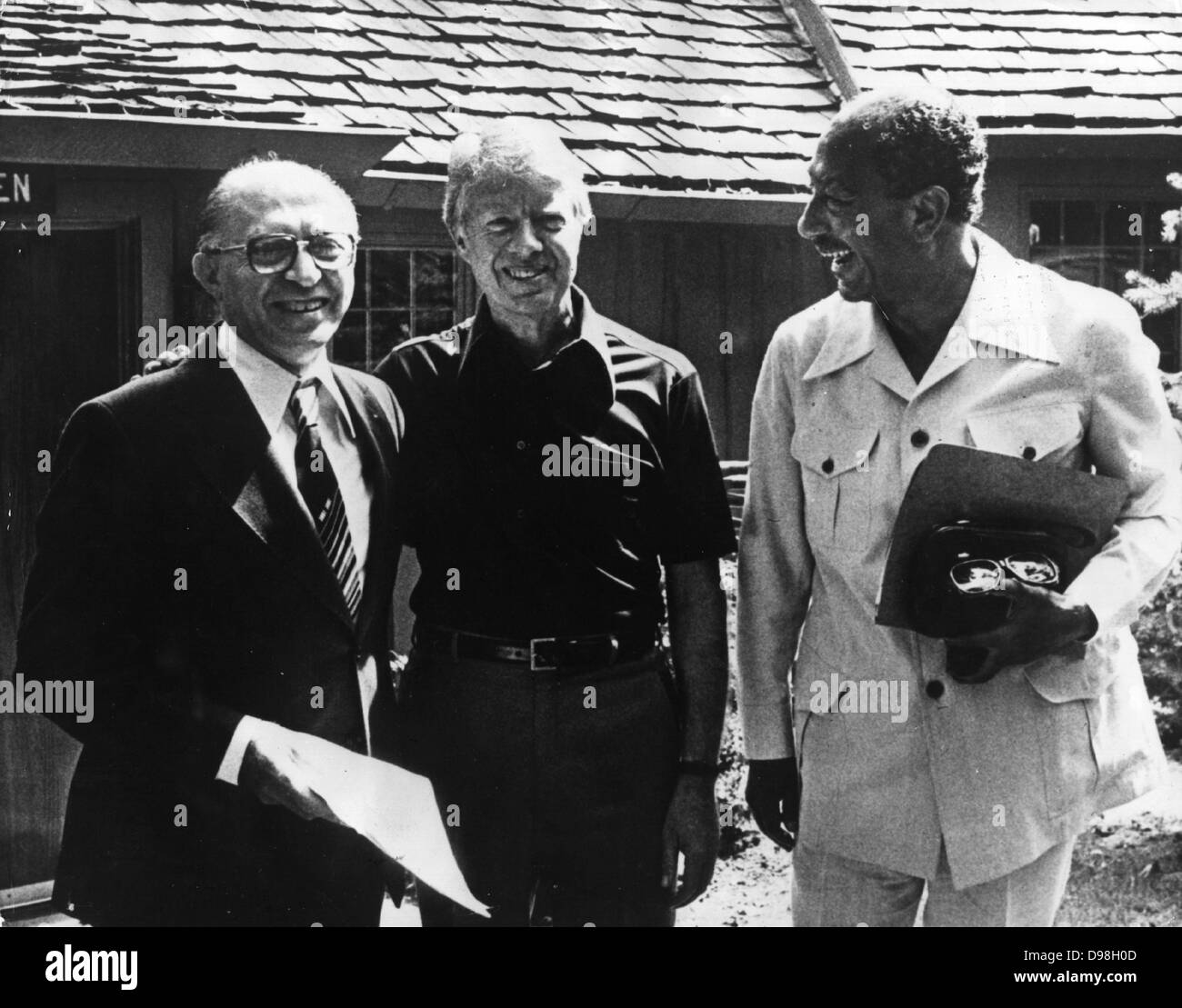 The Camp David Accords were signed by Egyptian President Anwar El Sadat and Israeli Prime Minister Menachem Begin on September 17, 1978, following thirteen days of secret negotiations at Camp David. US President Carter with Sadat and Begin at Camp David Stock Photo