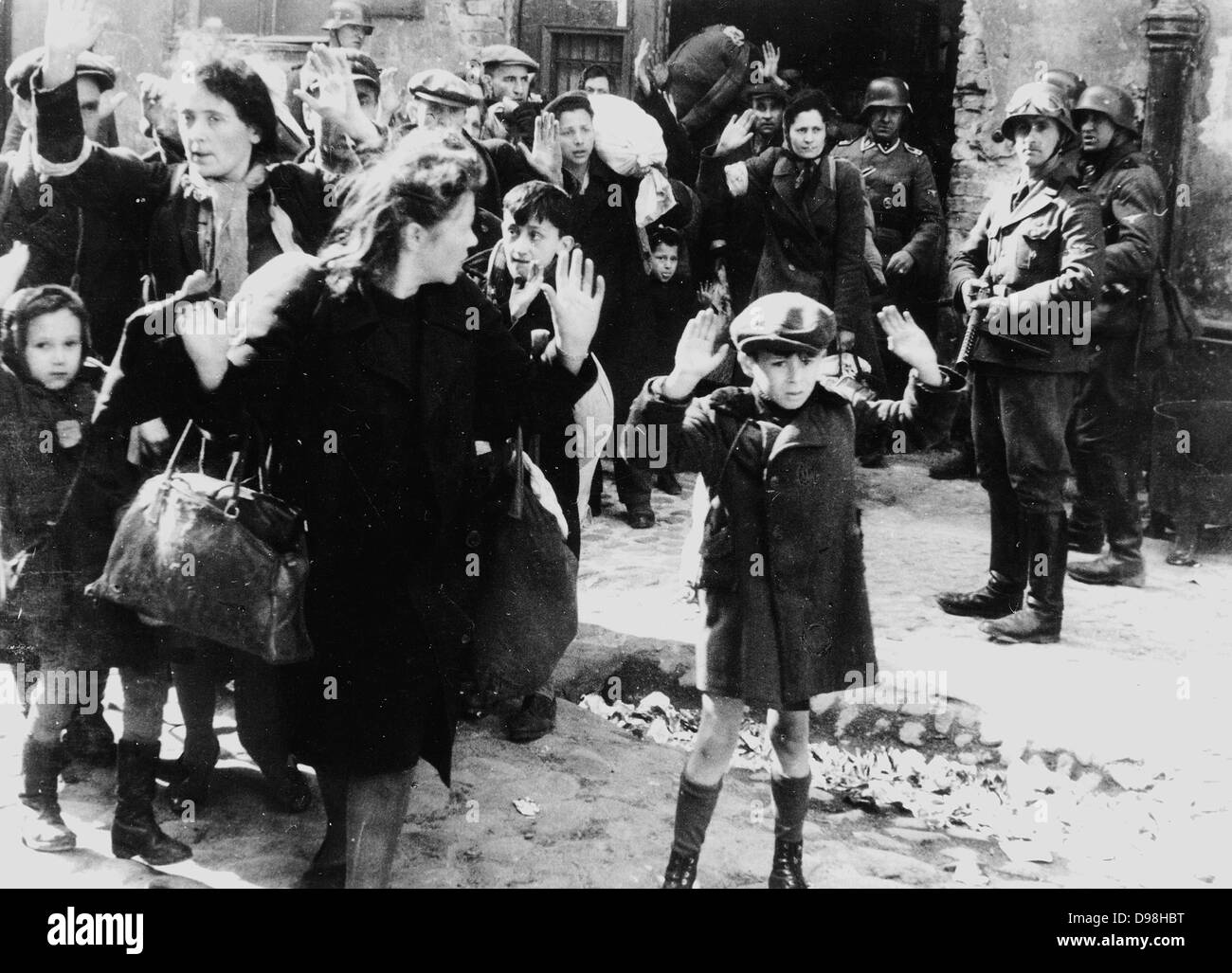 Photo from Jürgen Stroop Report to Heinrich Himmler from May 1943.jews captured after the destruction of teh warsaw ghetto in poland 1943 Stock Photo