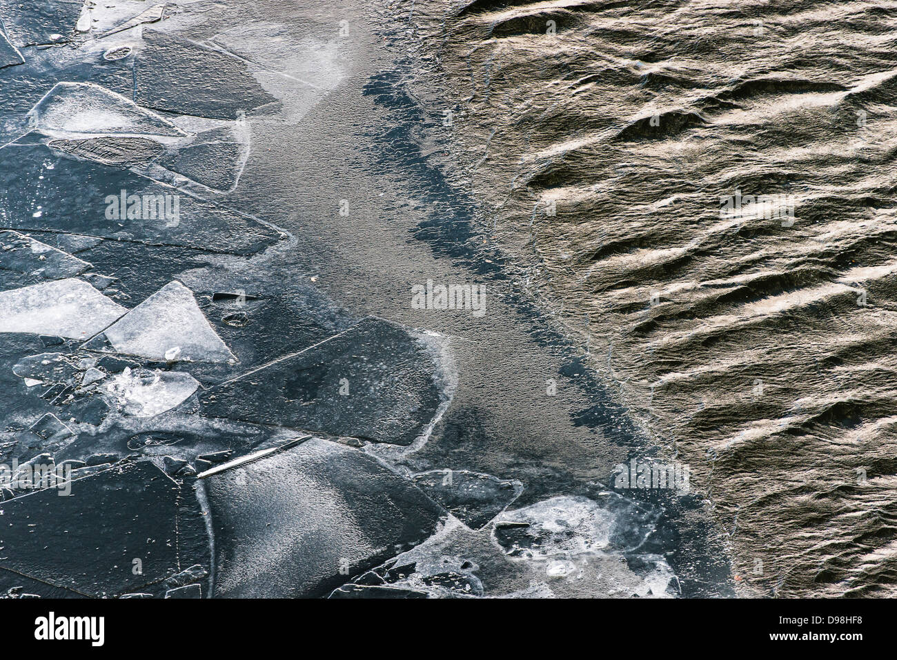 High angle view of water at spring with the ice partly melted. Stockholm, Sweden. Stock Photo