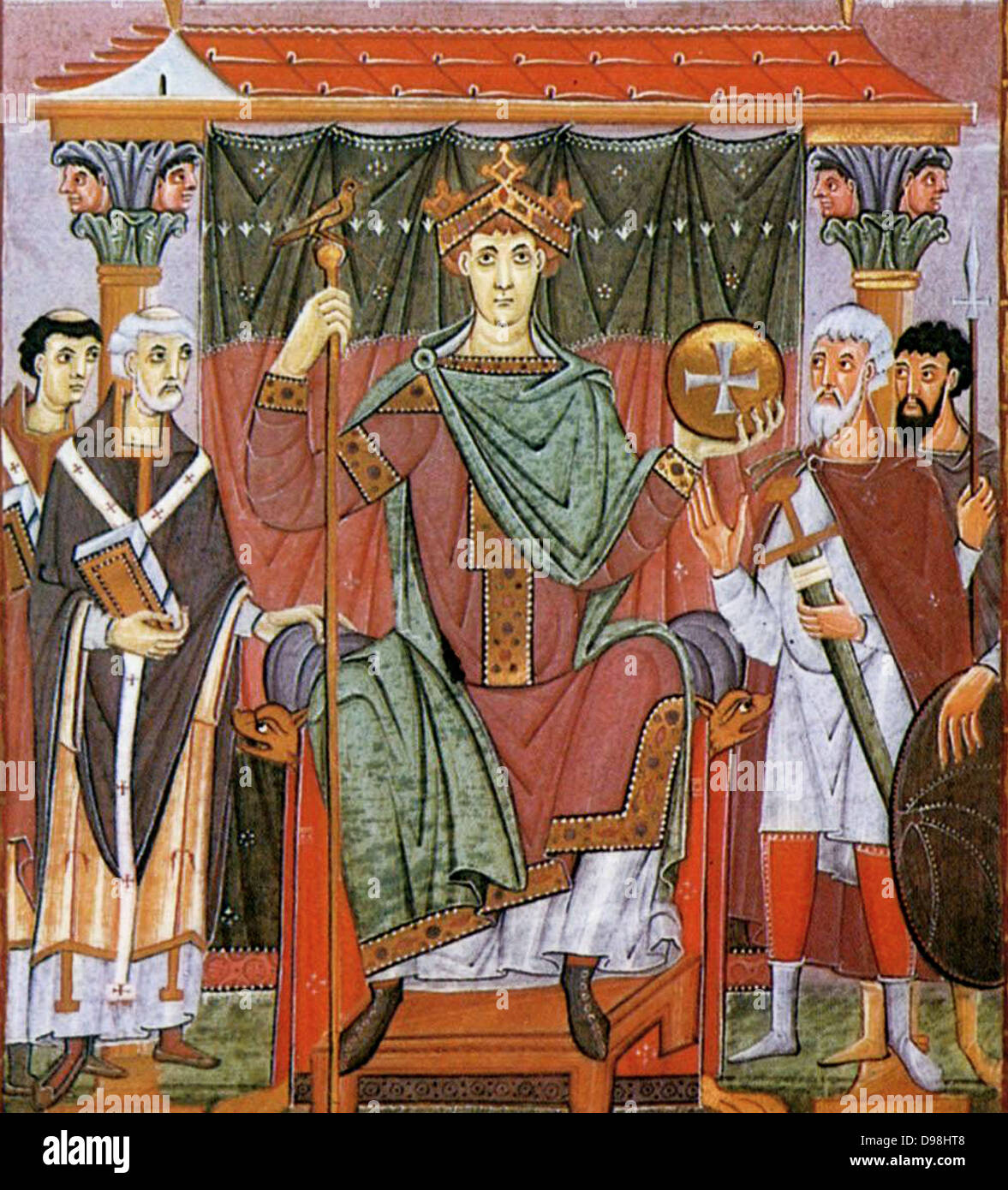 Painting showing the peoples of the world adoring Otto III, from the Gospels of Otto III. (View Larger) The Gospels of Otto III, probably produced in Reichenau Abbey, in the scriptorium headed by the monk Liuthard, for Holy Roman Emperor Otto III, Circa 998 – 1001. Otto is shown seated disdainfully on his majestic throne, flanked by two priests with books Stock Photo