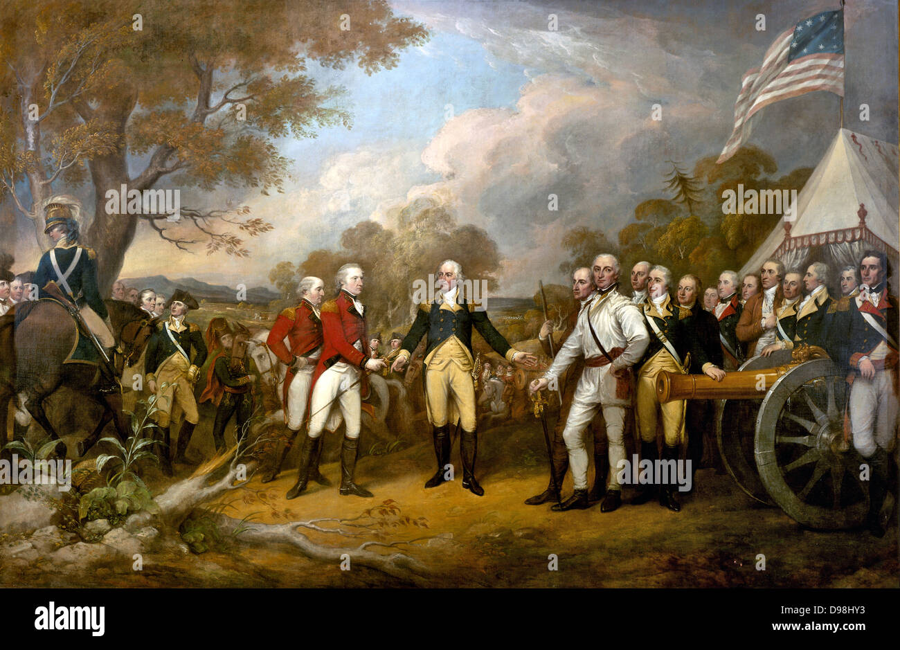 The scene of the surrender of the British General John Burgoyne at Saratoga, on October 17, 1777, was a turning point in the Stock Photo
