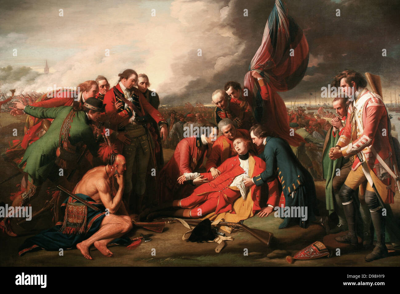 The Death of General Wolfe is a well-known 1770 painting by Anglo-American artist Benjamin West depicting the death of British General James Wolfe during the 1759 Battle of Quebec of the Seven Years' War. It is an oil on canvas of the Enlightenment period Stock Photo