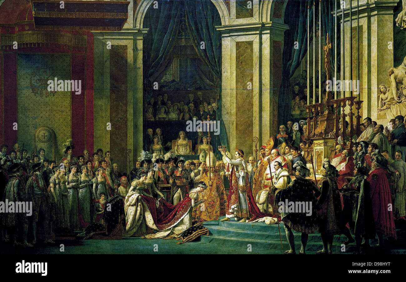 'The Coronation of Napoleon' painting completed in 1807 by Jacques-Louis David, the official painter of Napoleon. The painting has imposing dimensions, as it is almost ten metres wide by approximately six metres tall. The crowning and the coronation took place at Notre-Dame de Paris, a way for Napoleon to make it clear that he was a son of the Revolution. Stock Photo