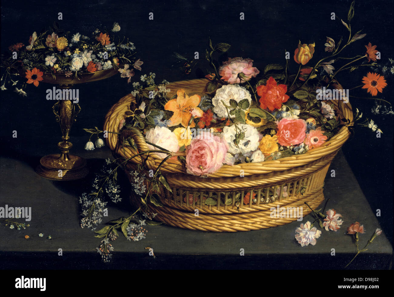 Still Life: Silver-gilt tazza and gilded basket of flowers. Oil on